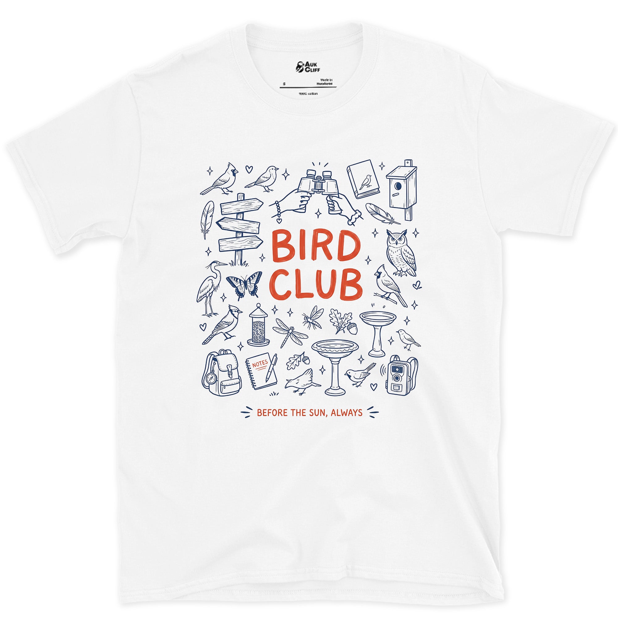 Bird Club, Jotted Between Sightings design on a White Gildan Softstyle t-shirt