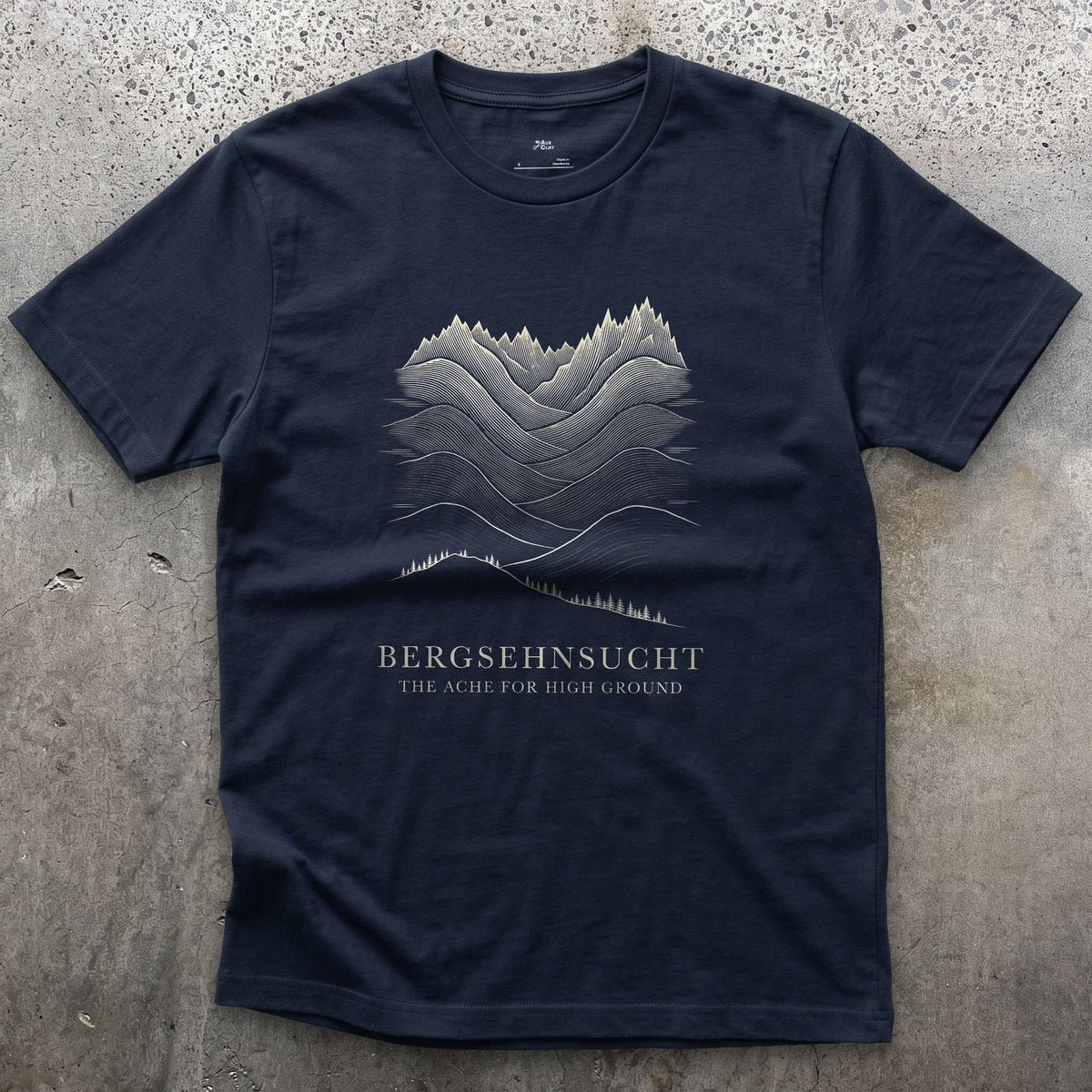 Bergsehnsucht, the Ache for High Ground design on a Navy Gildan Softstyle t-shirt