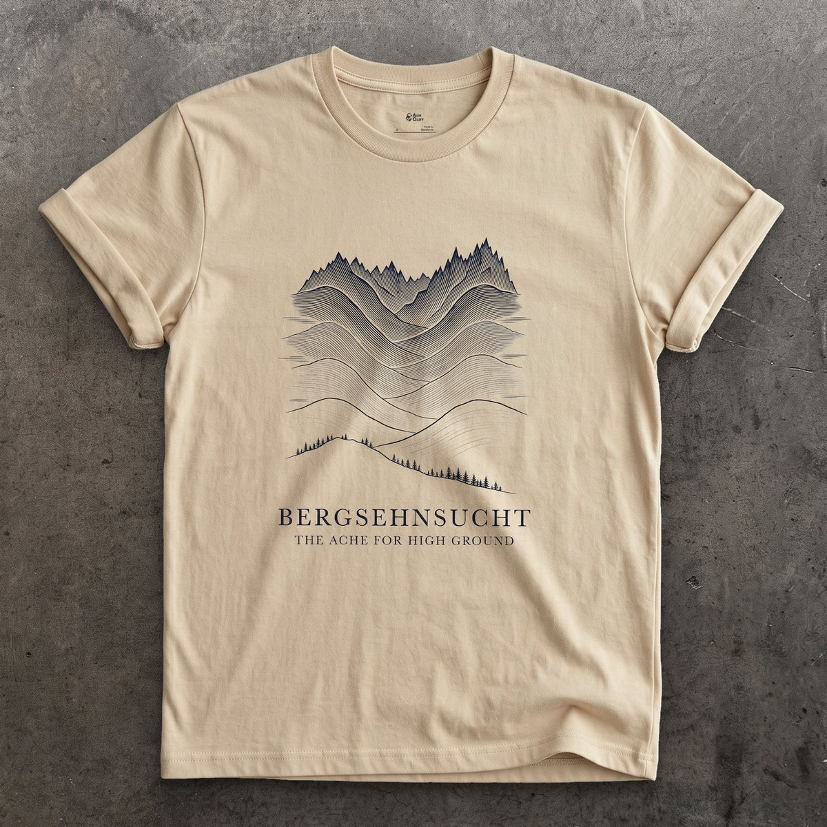 Bergsehnsucht, the Ache for High Ground design on a Sand Gildan Softstyle t-shirt