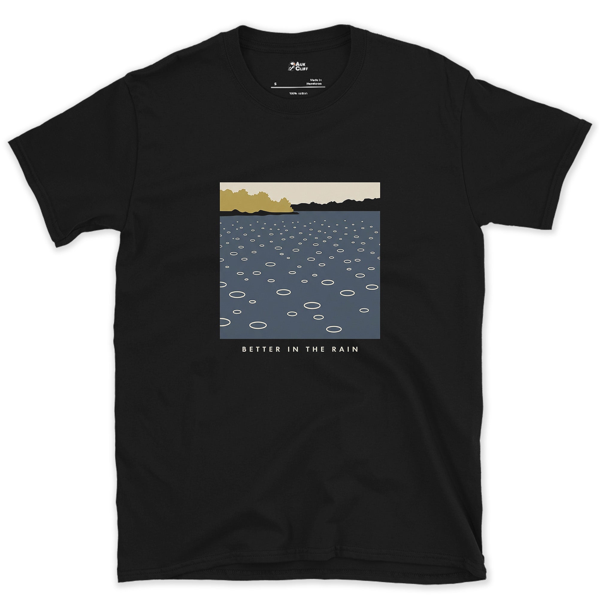Better in the Rain Over the River design on a Black Gildan Softstyle t-shirt