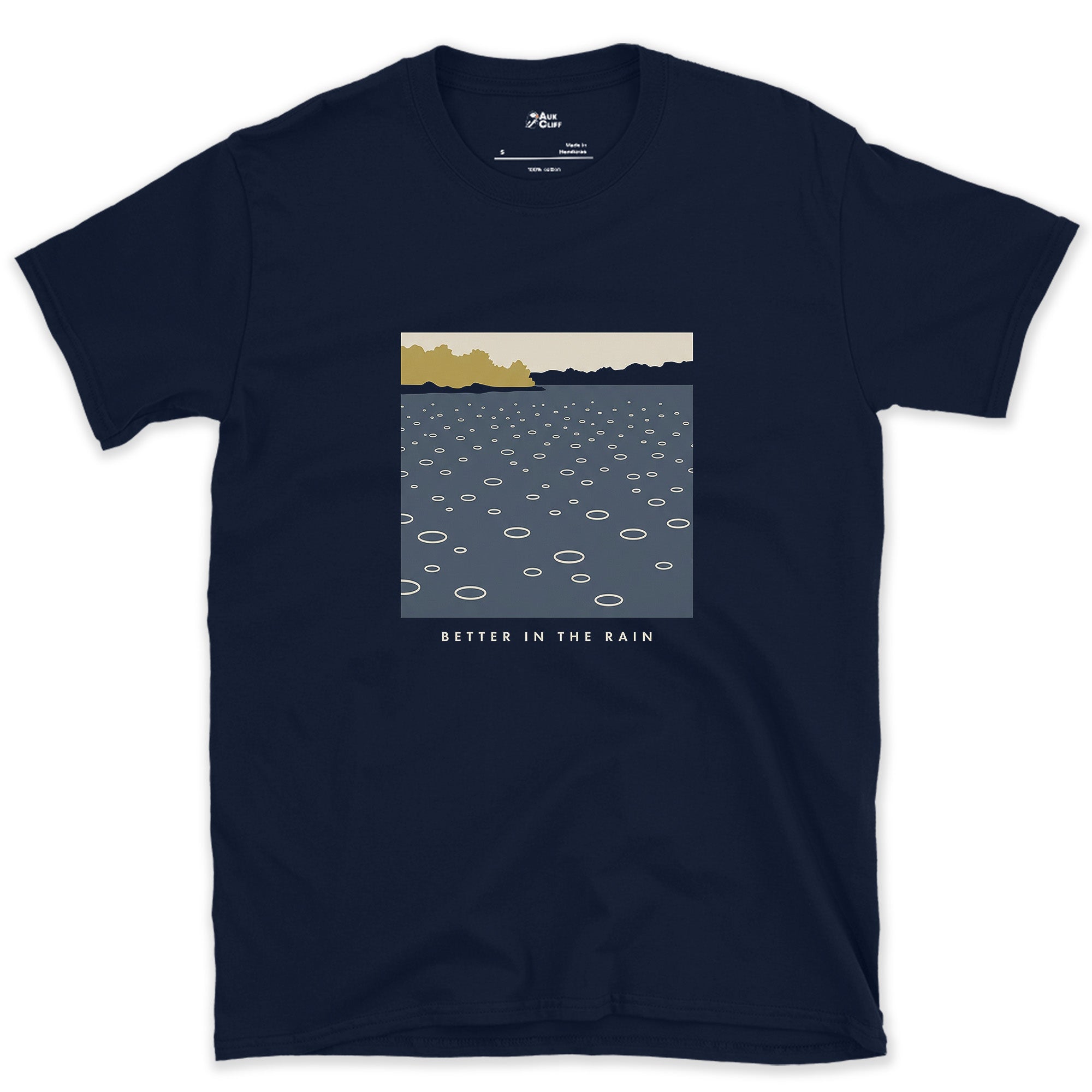 Better in the Rain Over the River design on a Navy Gildan Softstyle t-shirt