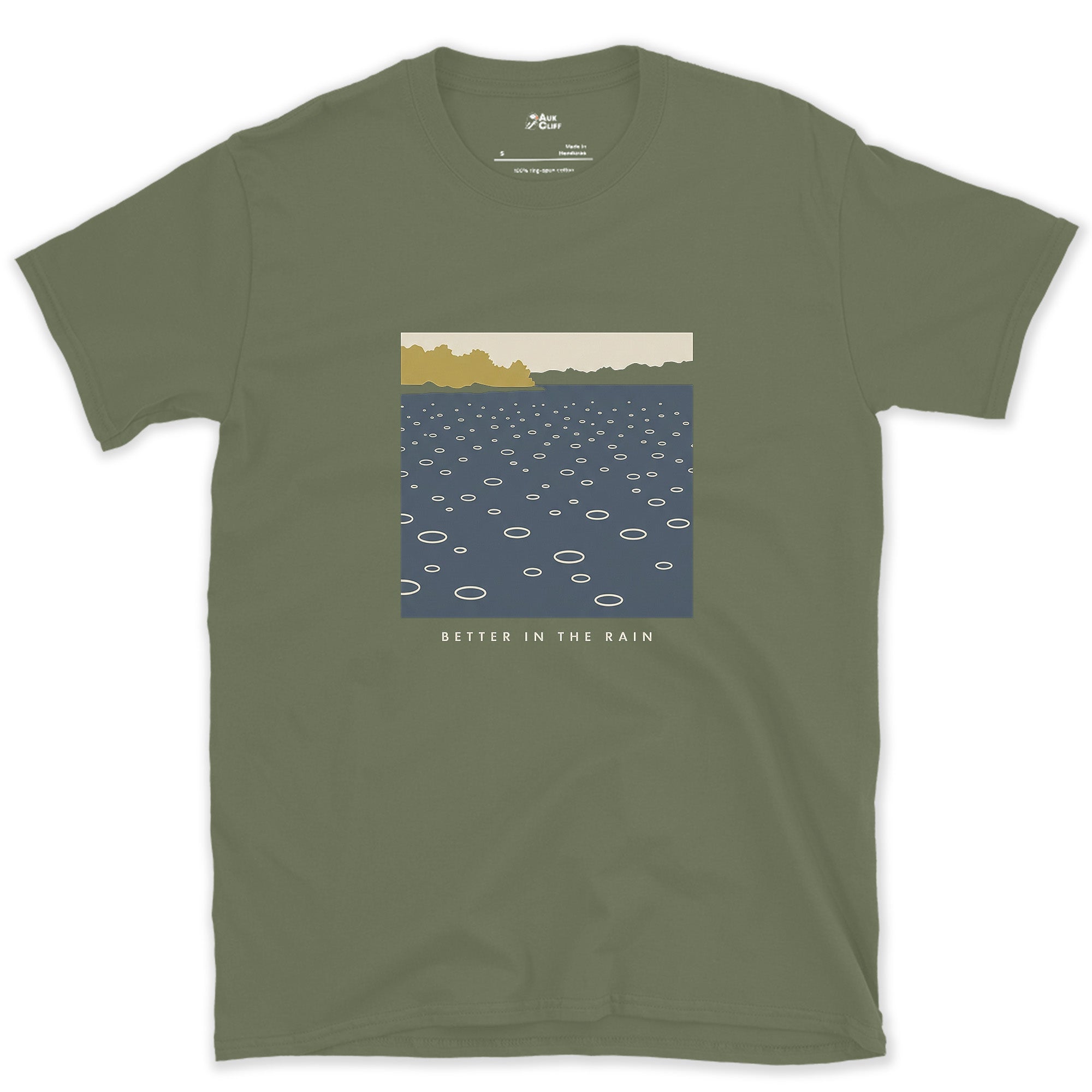 Better in the Rain Over the River design on a Military Green Gildan Softstyle t-shirt