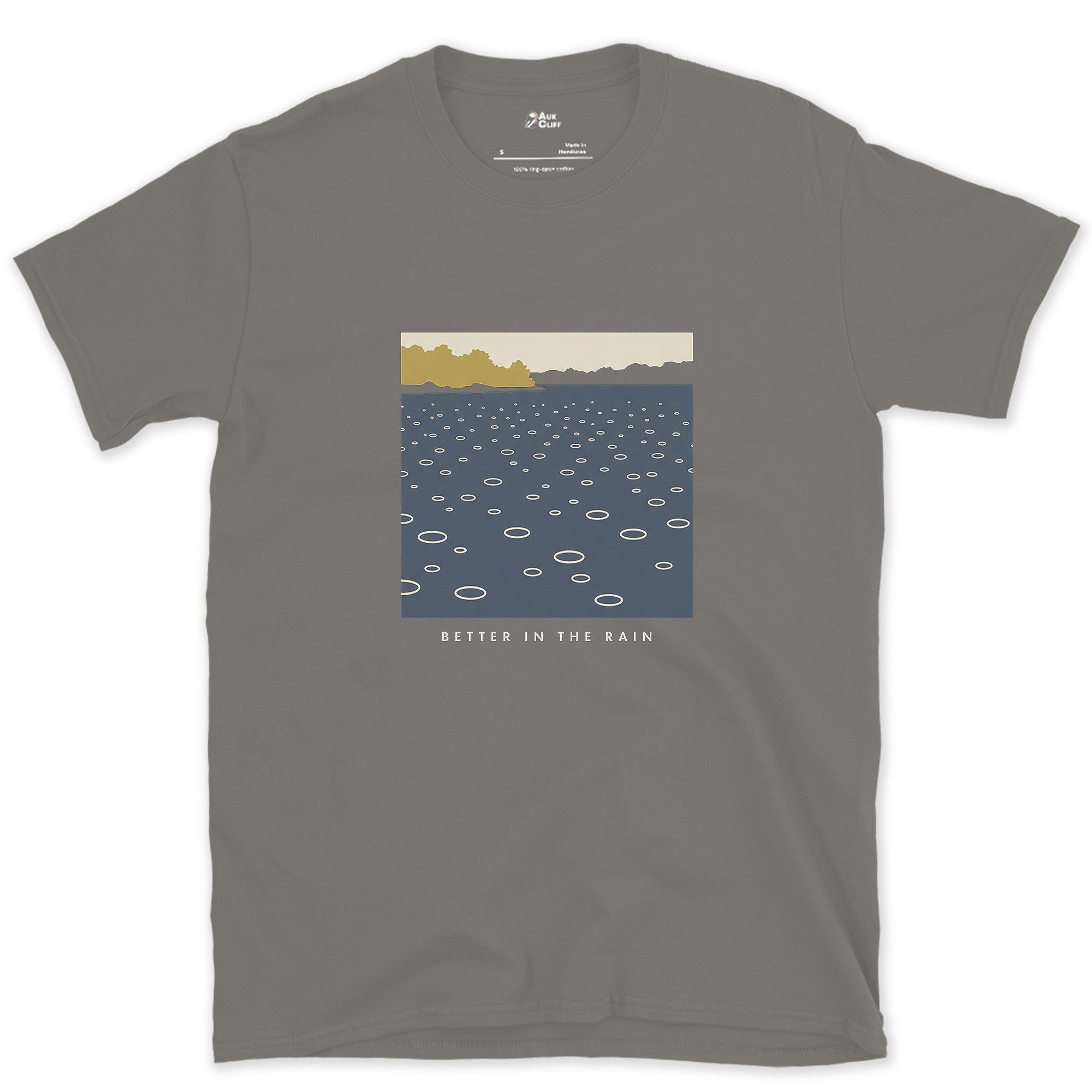 Better in the Rain Over the River design on a Charcoal Gildan Softstyle t-shirt