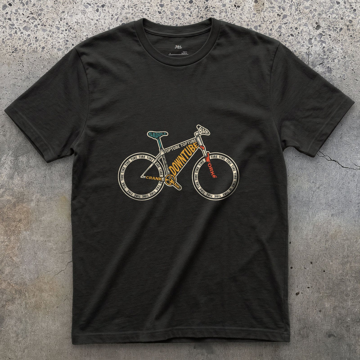 A Bike Built From the Names of Its Own Parts design on a Black Gildan Softstyle t-shirt