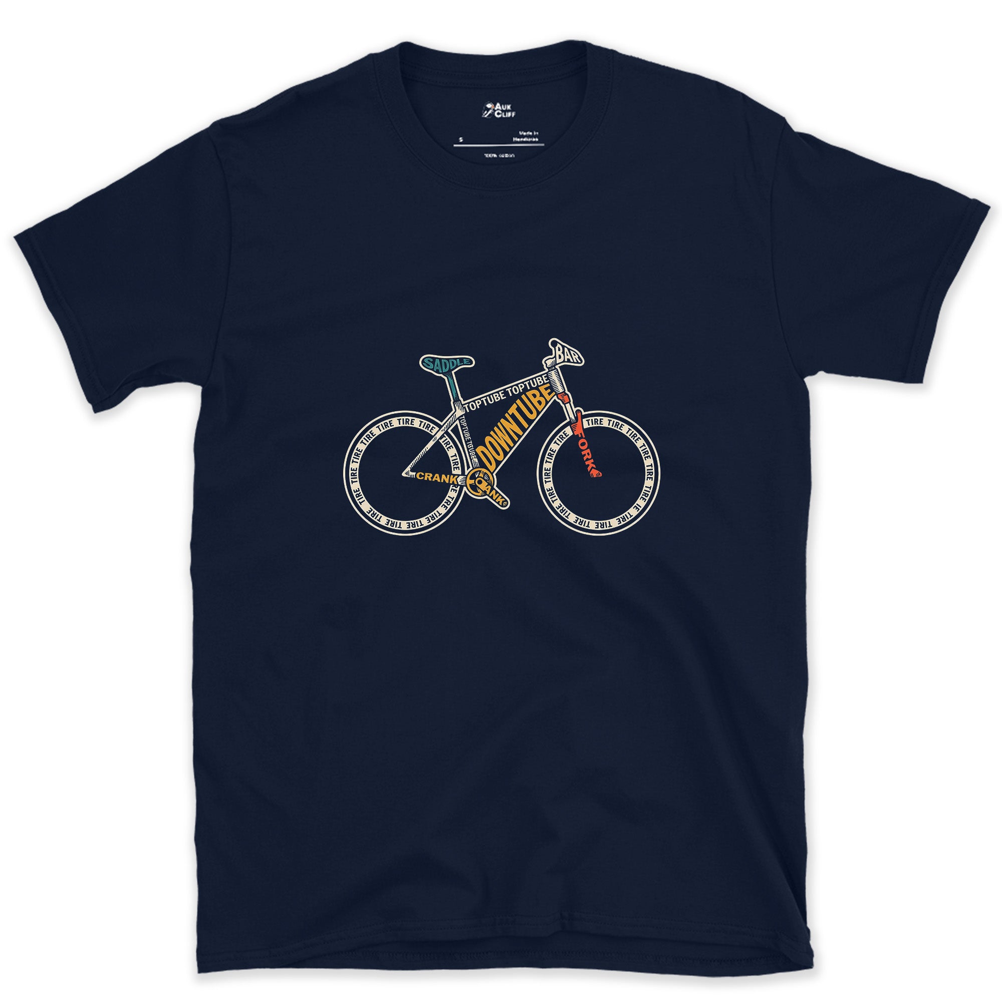 A Bike Built From the Names of Its Own Parts design on a Navy Gildan Softstyle t-shirt