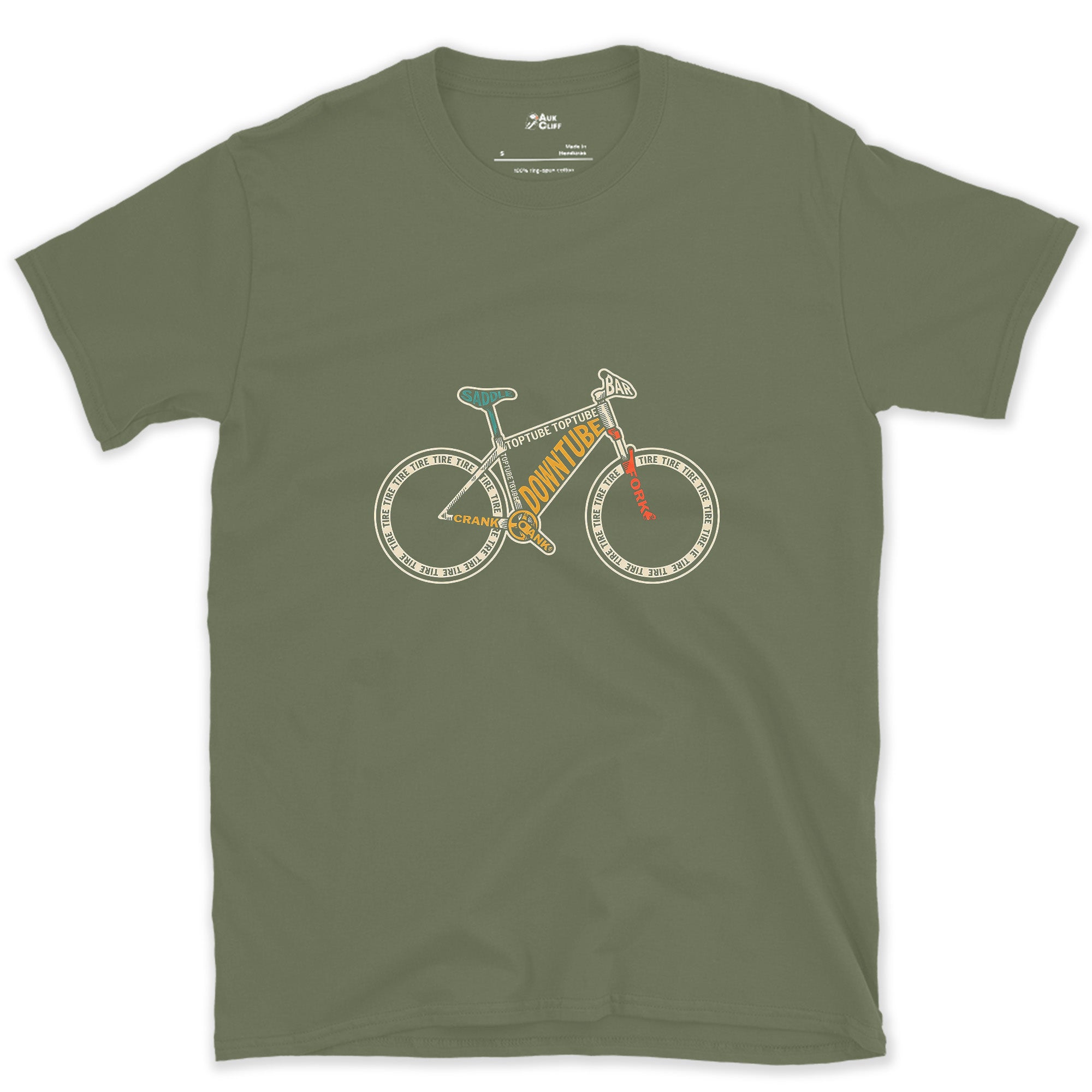 A Bike Built From the Names of Its Own Parts design on a Military Green Gildan Softstyle t-shirt