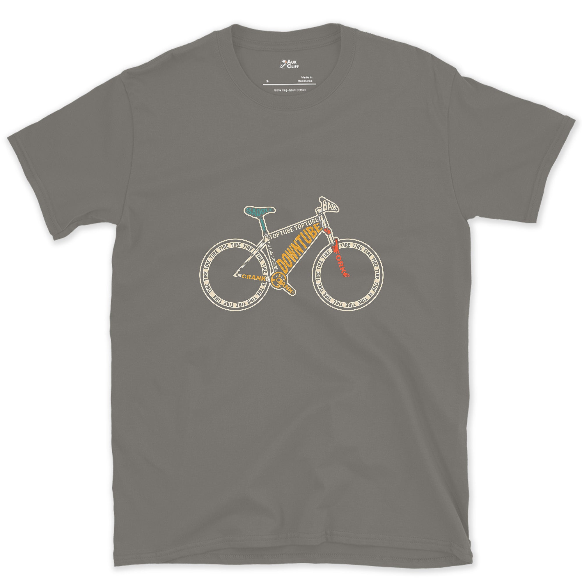 A Bike Built From the Names of Its Own Parts design on a Charcoal Gildan Softstyle t-shirt