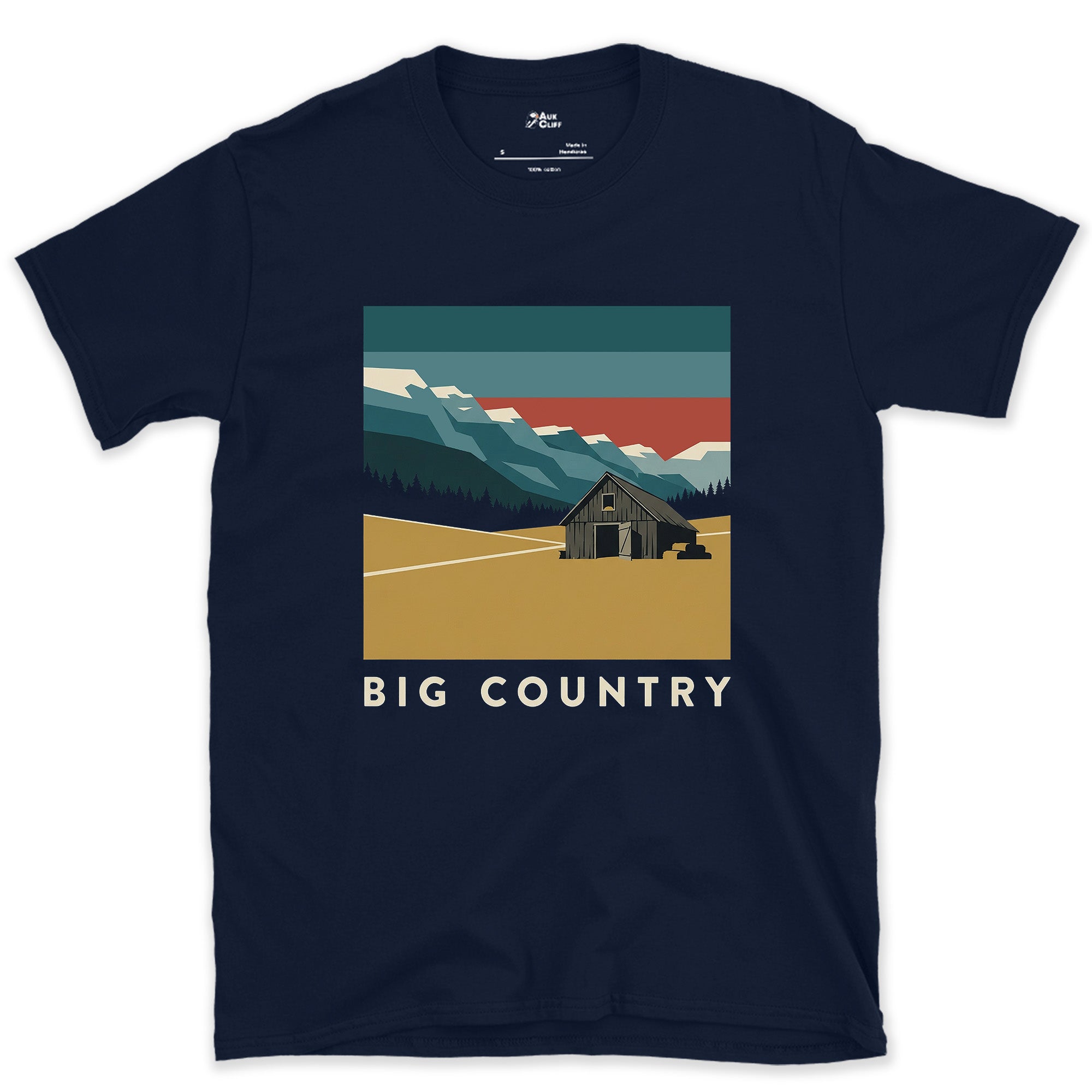 Big Country, Barn on the Mountain Path design on a Navy Gildan Softstyle t-shirt