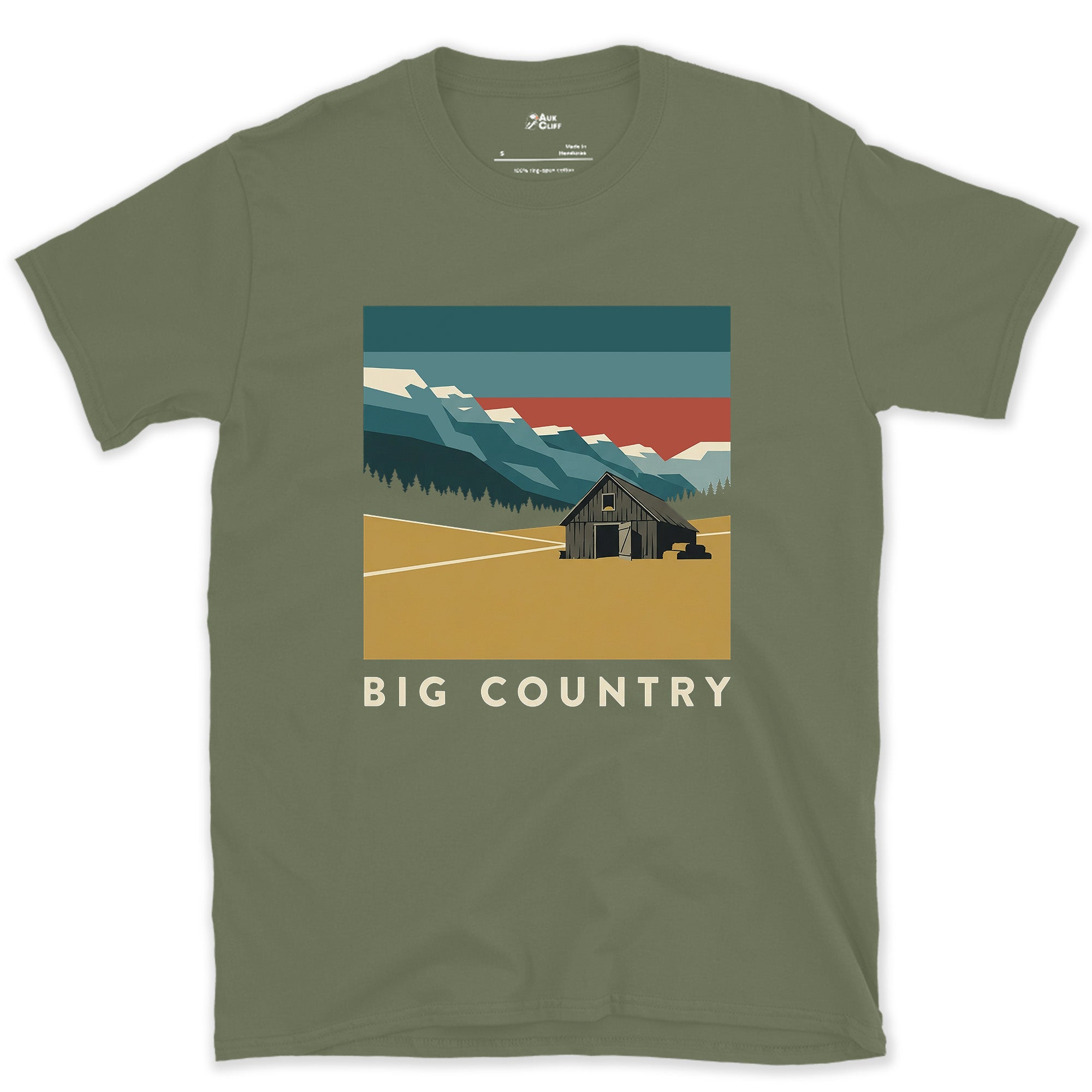 Big Country, Barn on the Mountain Path design on a Military Green Gildan Softstyle t-shirt