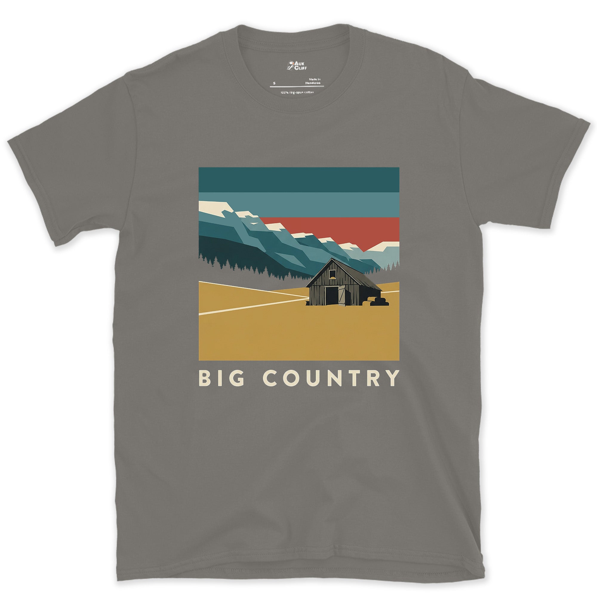 Big Country, Barn on the Mountain Path design on a Charcoal Gildan Softstyle t-shirt