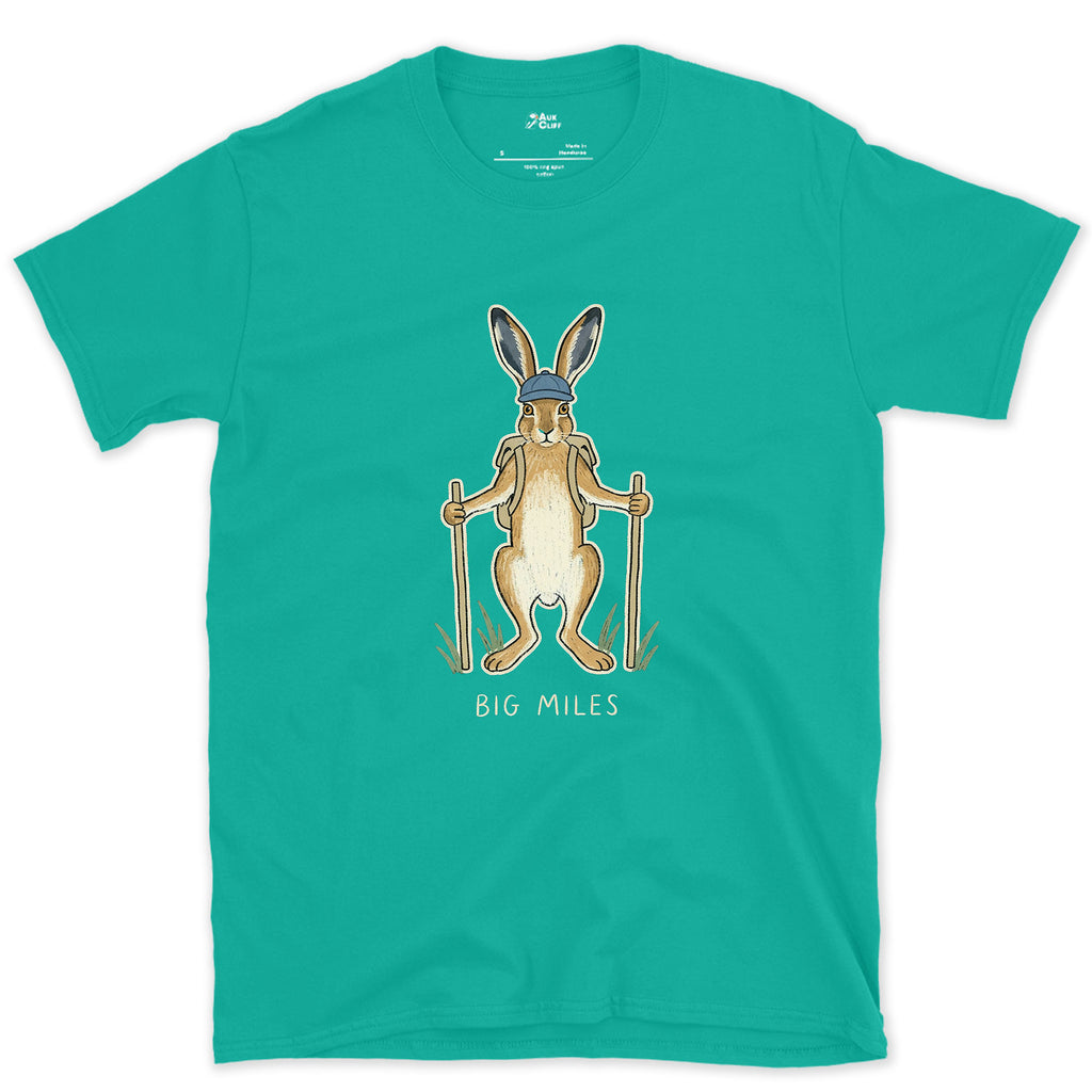 Big Miles, Hare Hiker on Poles design on a Jade Dome Gildan Softstyle t-shirt