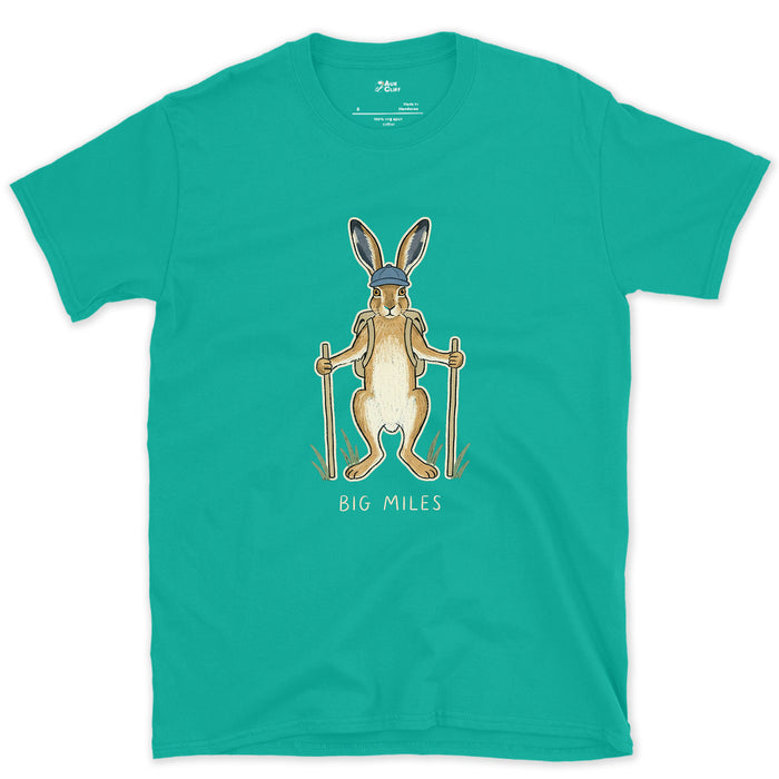 Big Miles, Hare Hiker on Poles design on a Jade Dome Gildan Softstyle t-shirt