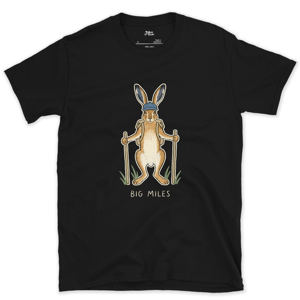 Big Miles, Hare Hiker on Poles design on a Black Gildan Softstyle t-shirt