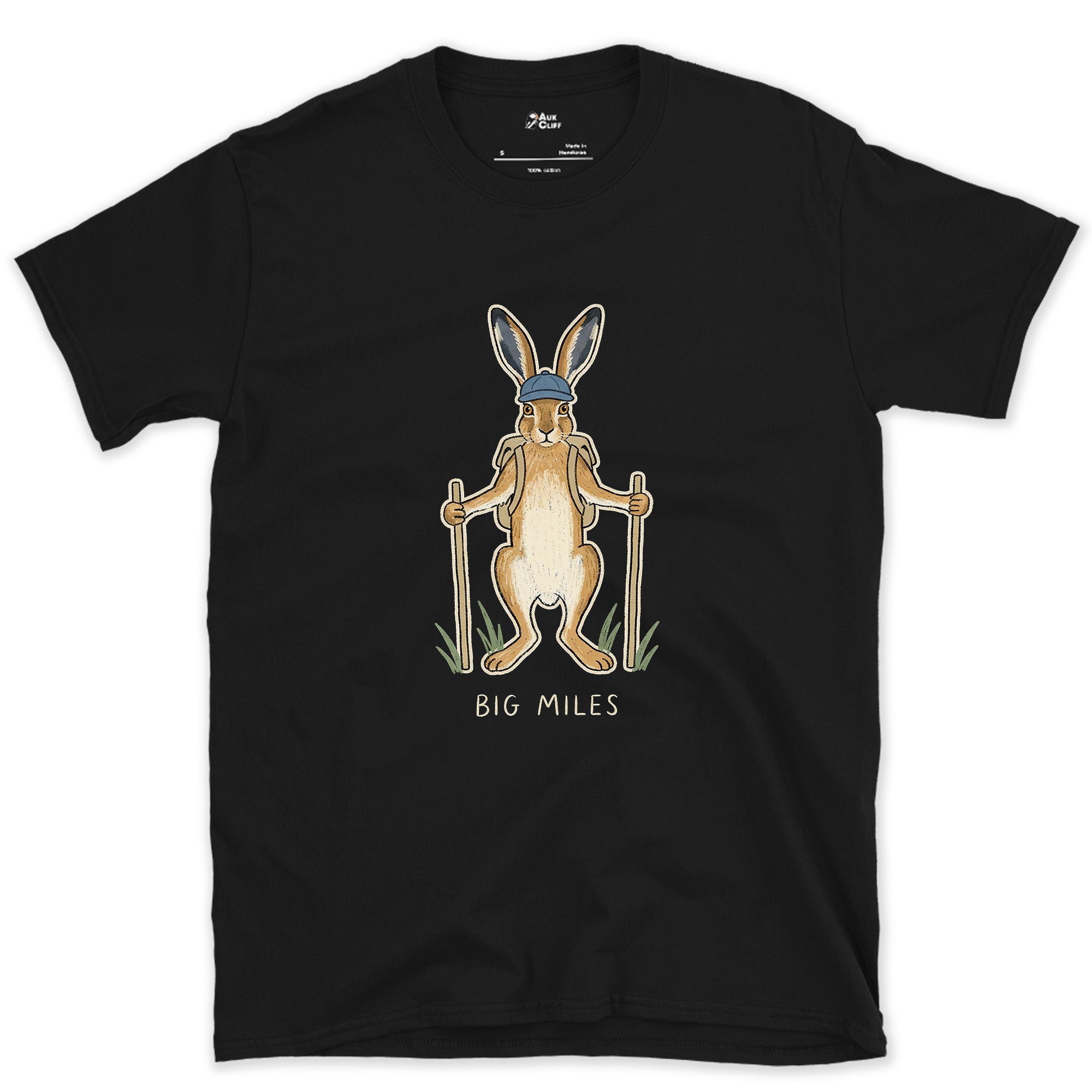 Big Miles, Hare Hiker on Poles design on a Black Gildan Softstyle t-shirt