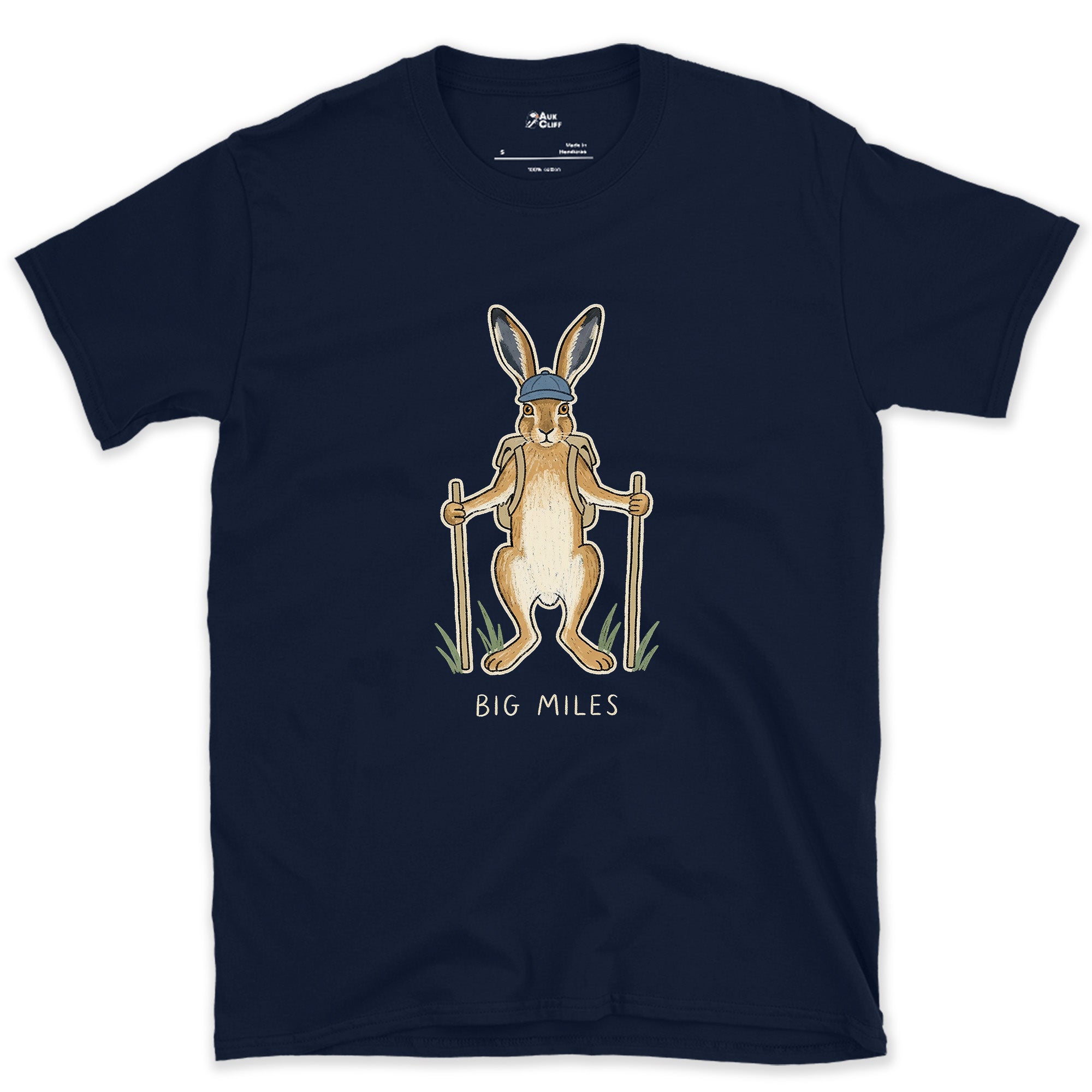 Big Miles, Hare Hiker on Poles design on a Navy Gildan Softstyle t-shirt