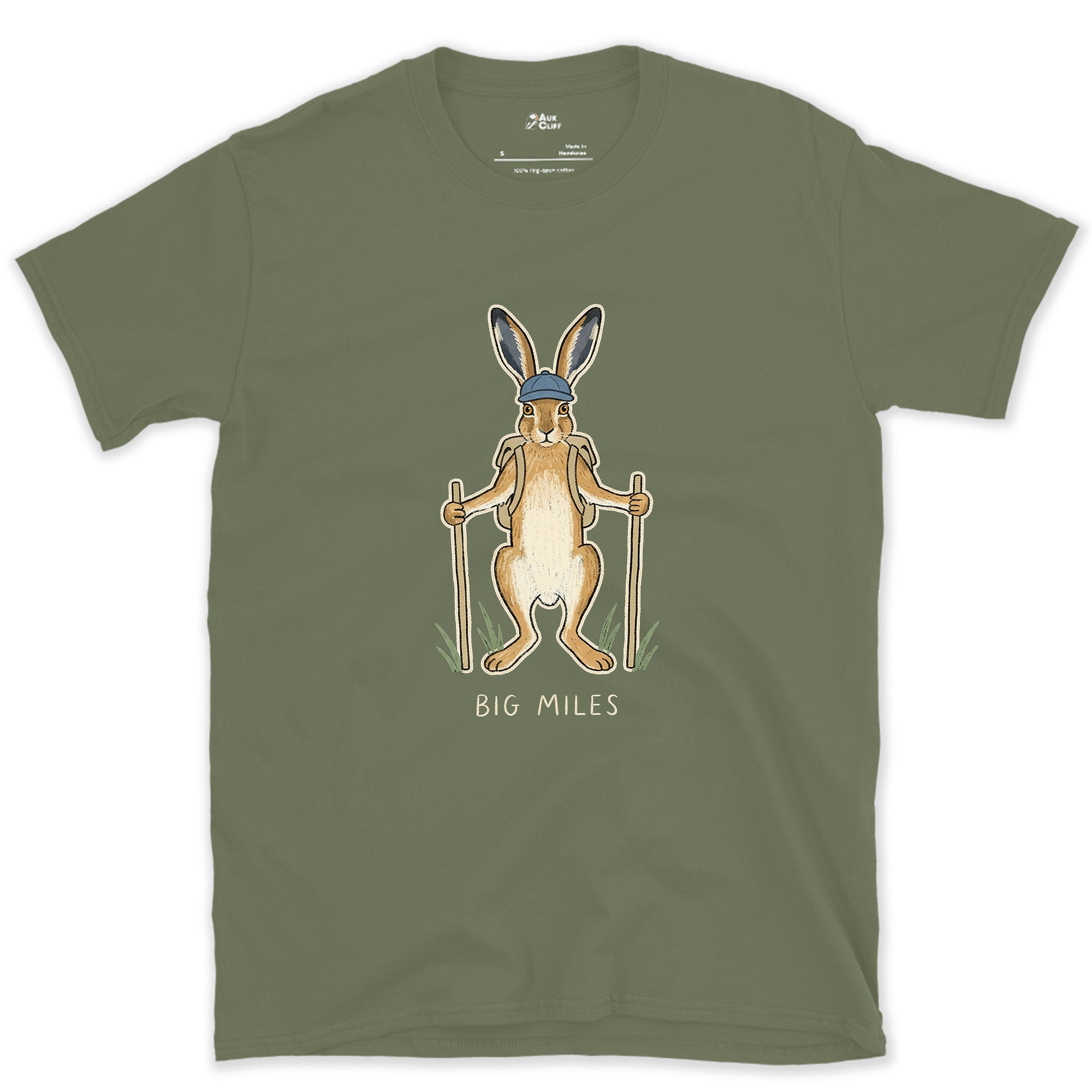 Big Miles, Hare Hiker on Poles design on a Military Green Gildan Softstyle t-shirt