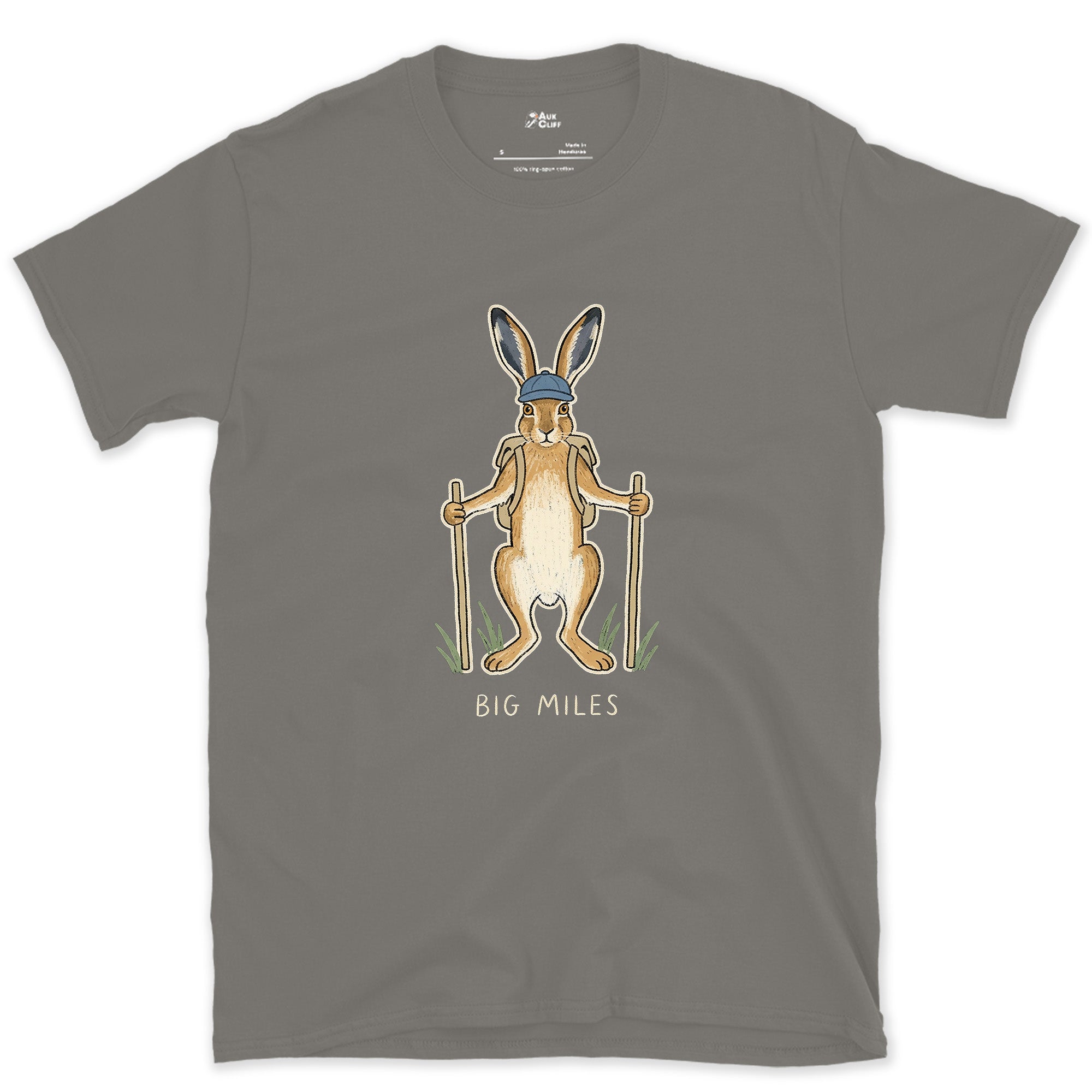 Big Miles, Hare Hiker on Poles design on a Charcoal Gildan Softstyle t-shirt