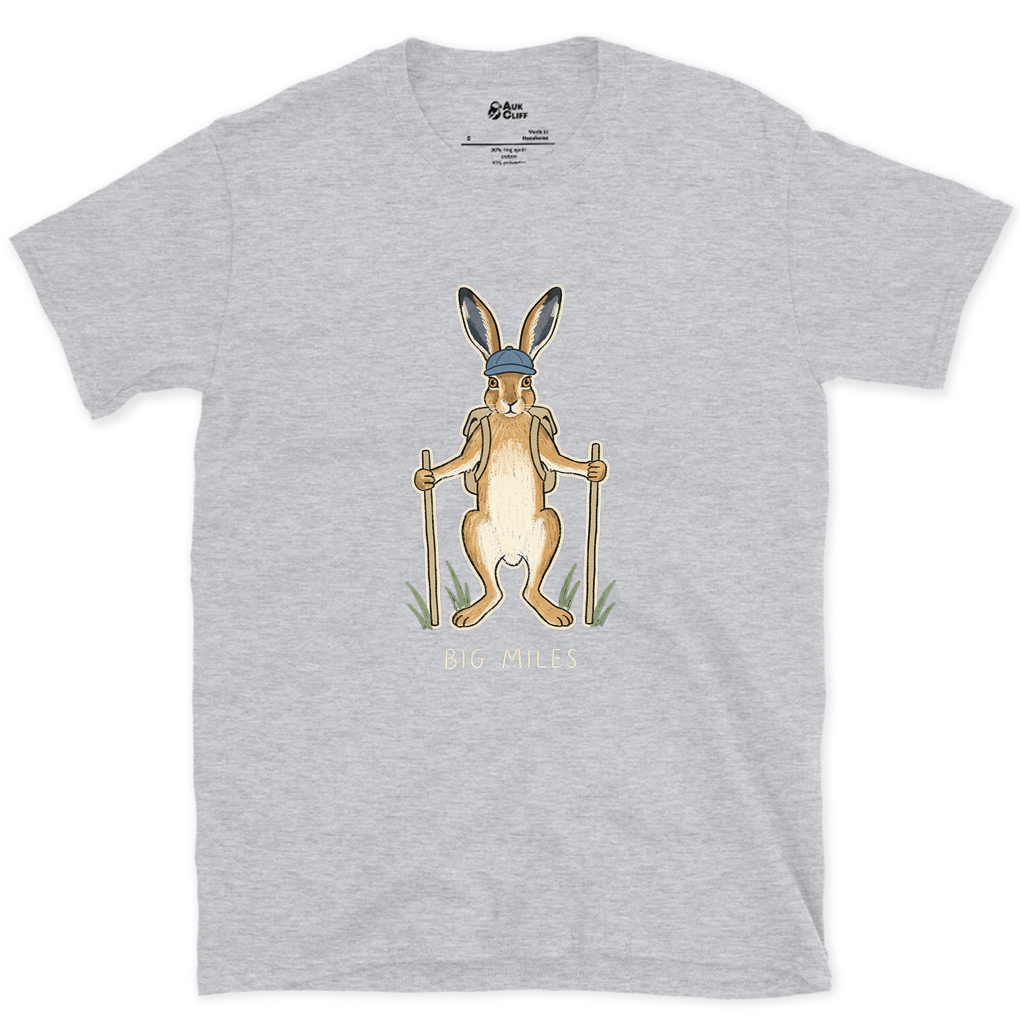 Big Miles, Hare Hiker on Poles design on a Sport Grey Gildan Softstyle t-shirt