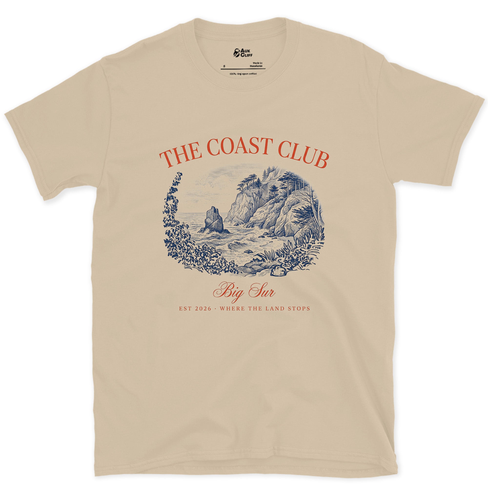 Where the Land Stops, Big Sur design on a Sand Gildan Softstyle t-shirt