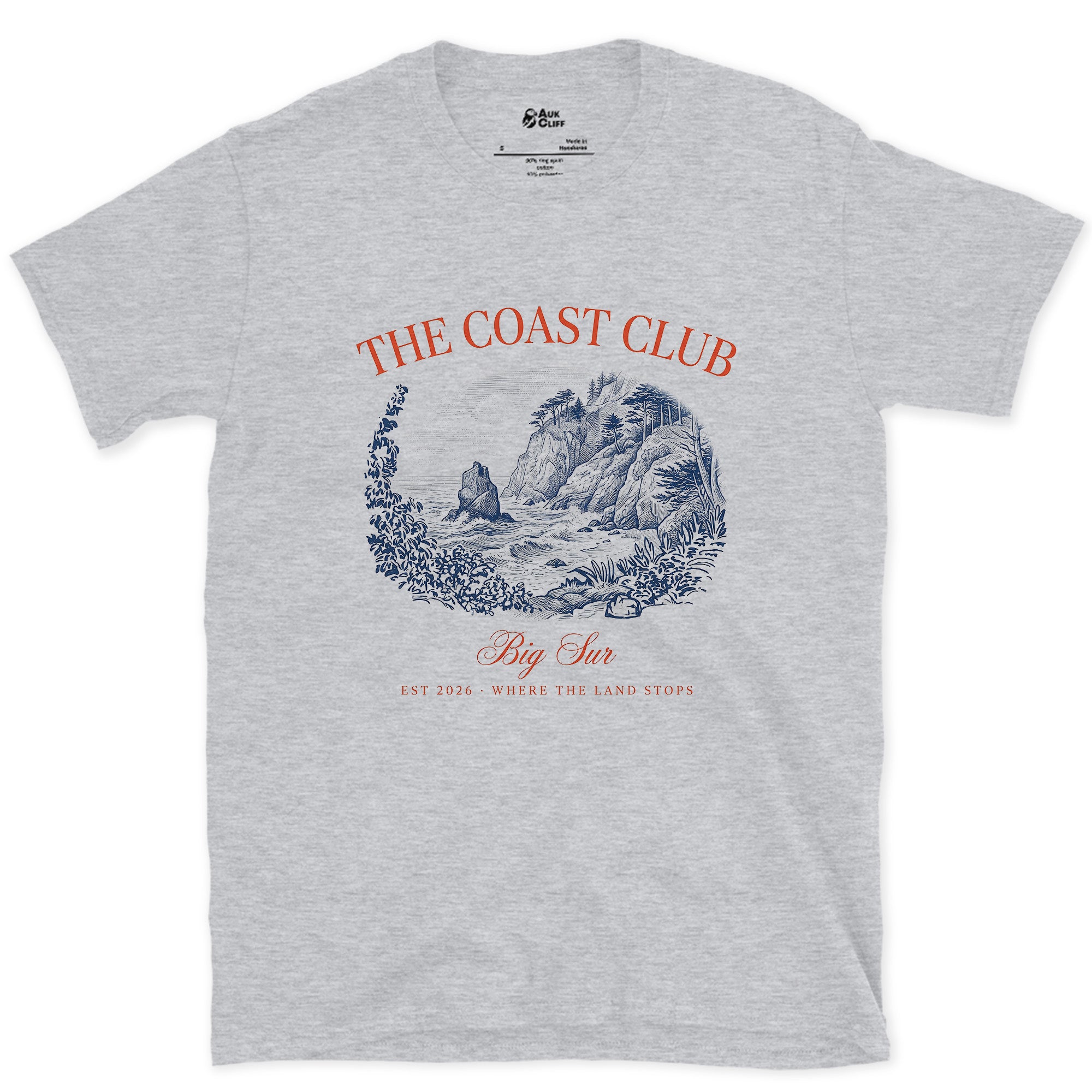 Where the Land Stops, Big Sur design on a Sport Grey Gildan Softstyle t-shirt