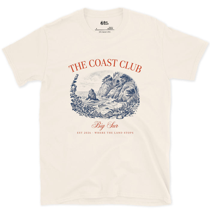 Where the Land Stops, Big Sur design on a Natural Gildan Softstyle t-shirt