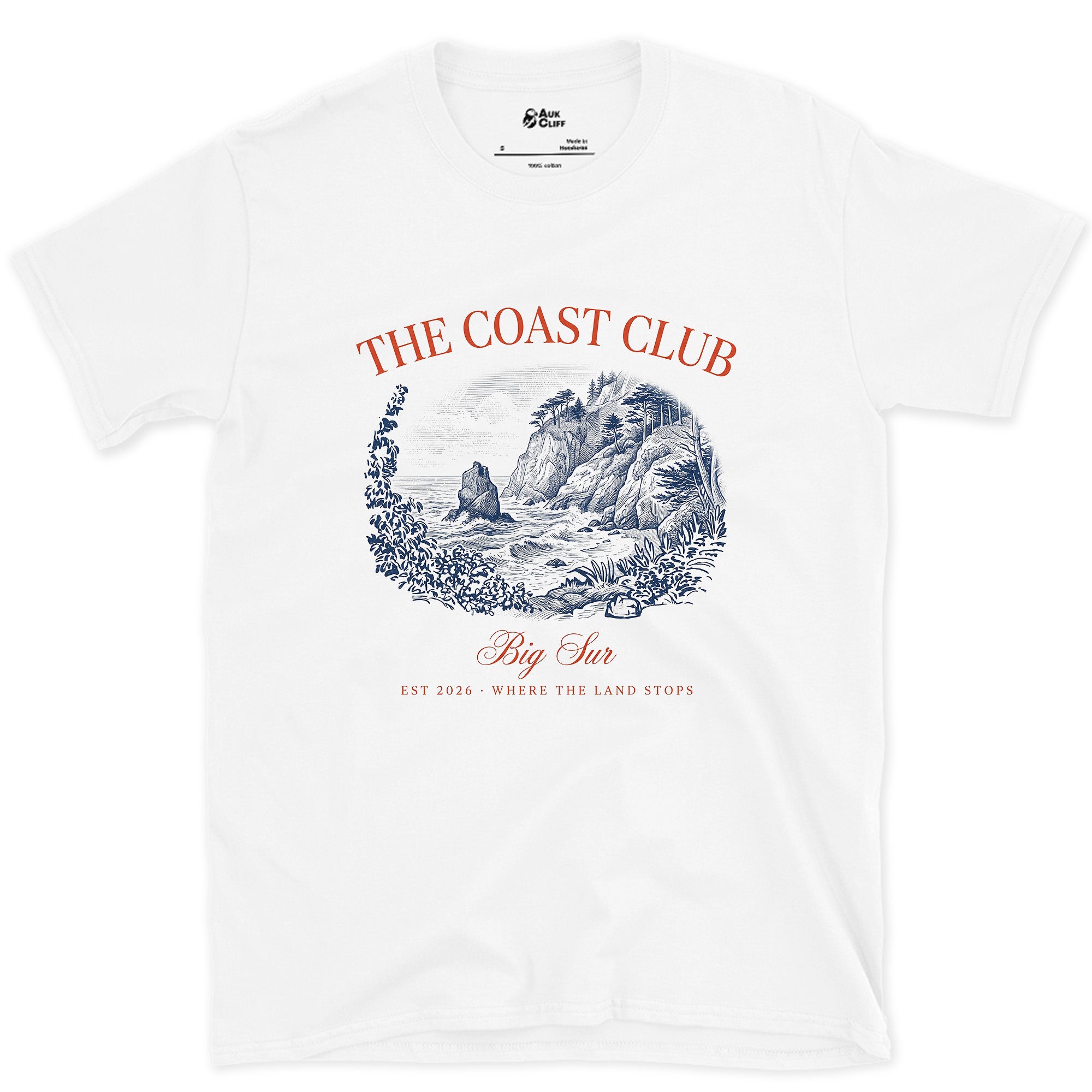 Where the Land Stops, Big Sur design on a White Gildan Softstyle t-shirt