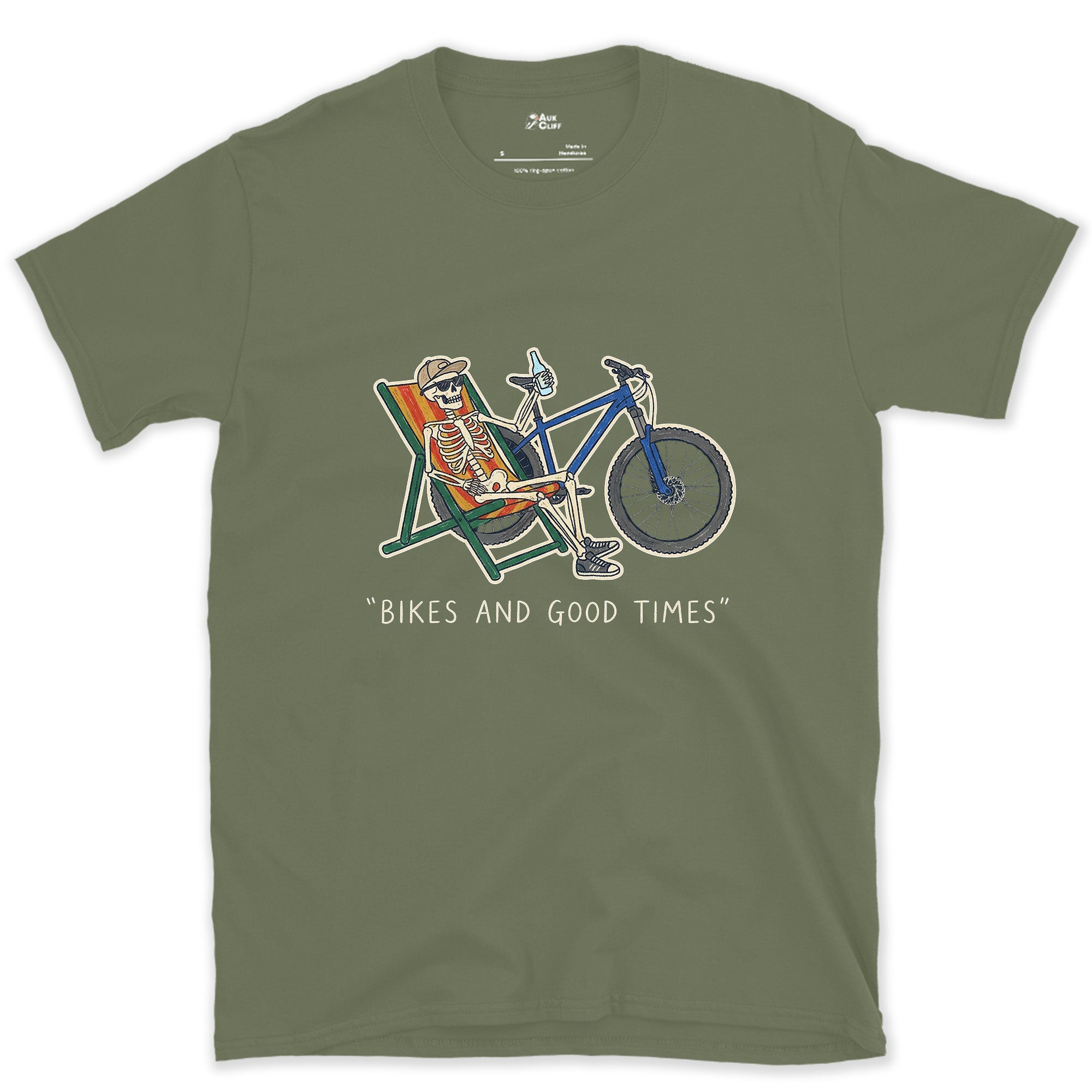 Feet Up, Bike Leaned Within Easy Reach design on a Military Green Gildan Softstyle t-shirt