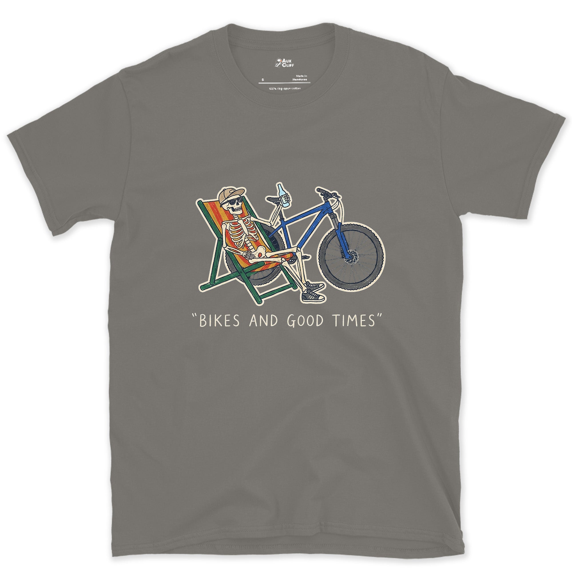 Feet Up, Bike Leaned Within Easy Reach design on a Charcoal Gildan Softstyle t-shirt