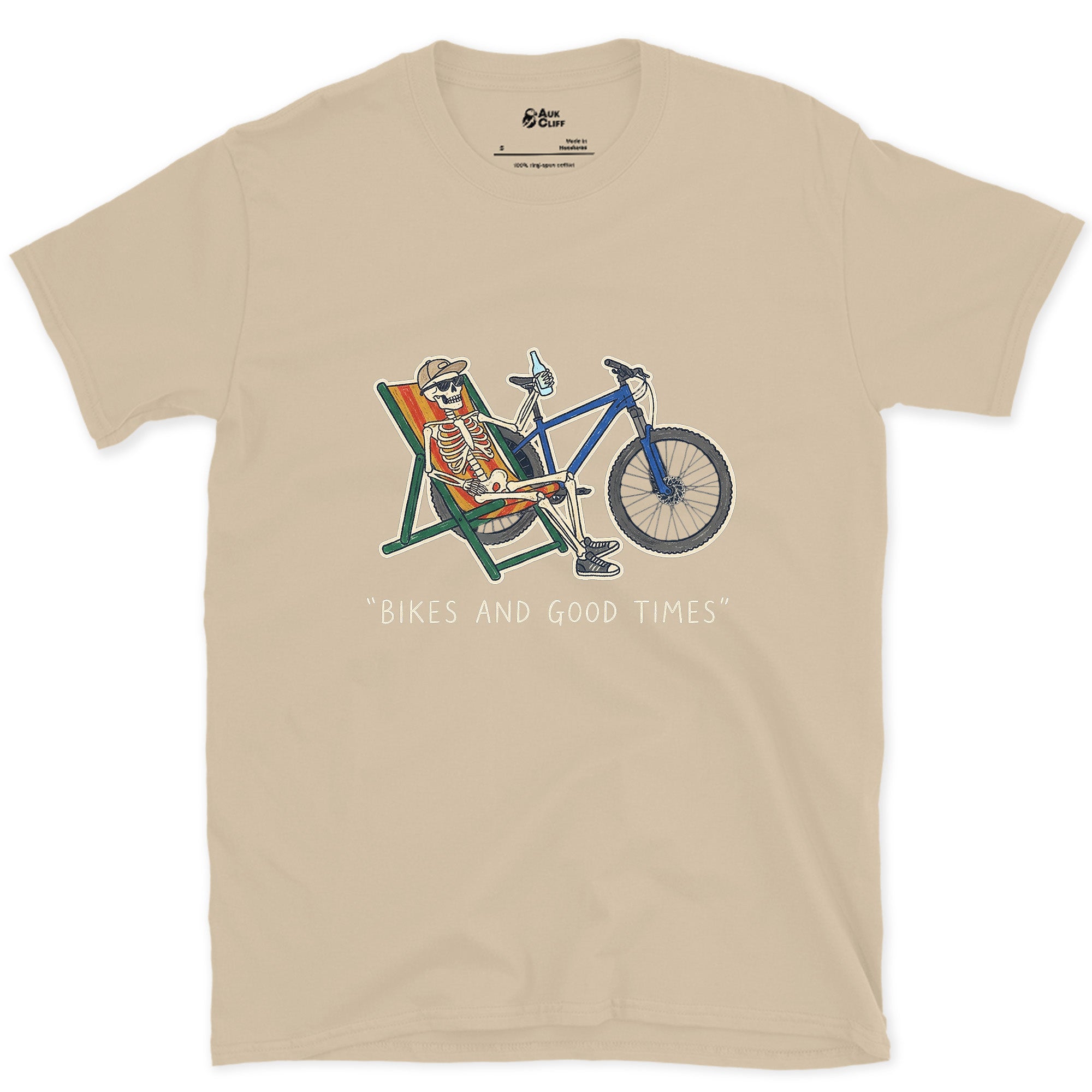 Feet Up, Bike Leaned Within Easy Reach design on a Sand Gildan Softstyle t-shirt