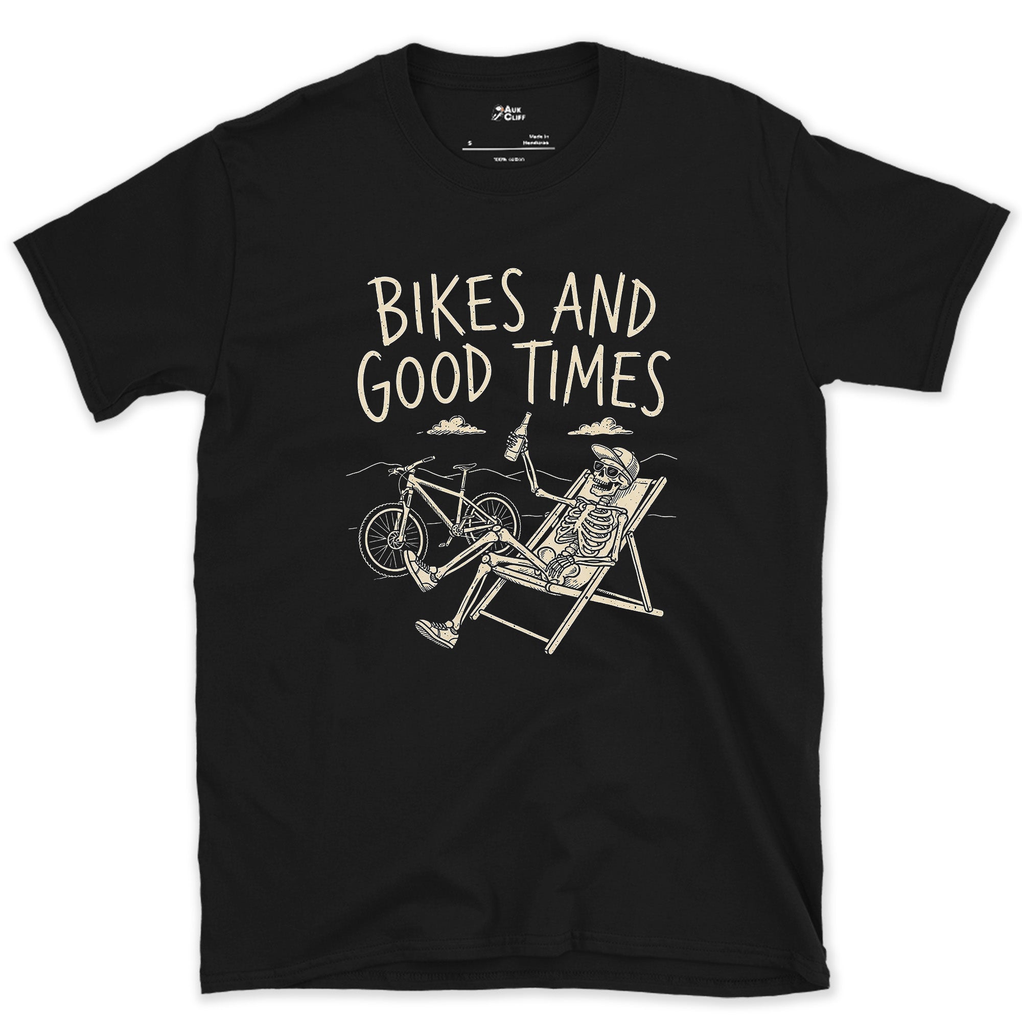 Bikes and Good Times, Skeleton in a Deckchair design on a Black Gildan Softstyle t-shirt