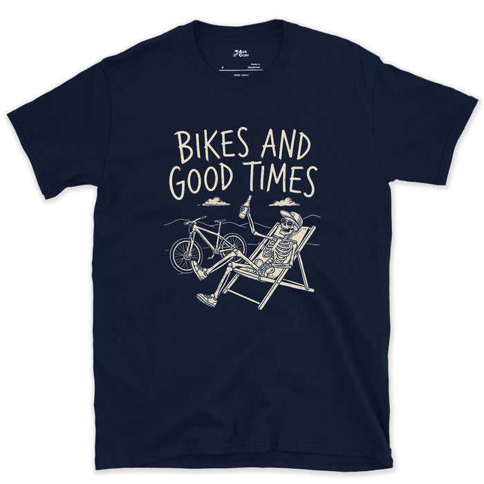 Bikes and Good Times, Skeleton in a Deckchair design on a Navy Gildan Softstyle t-shirt