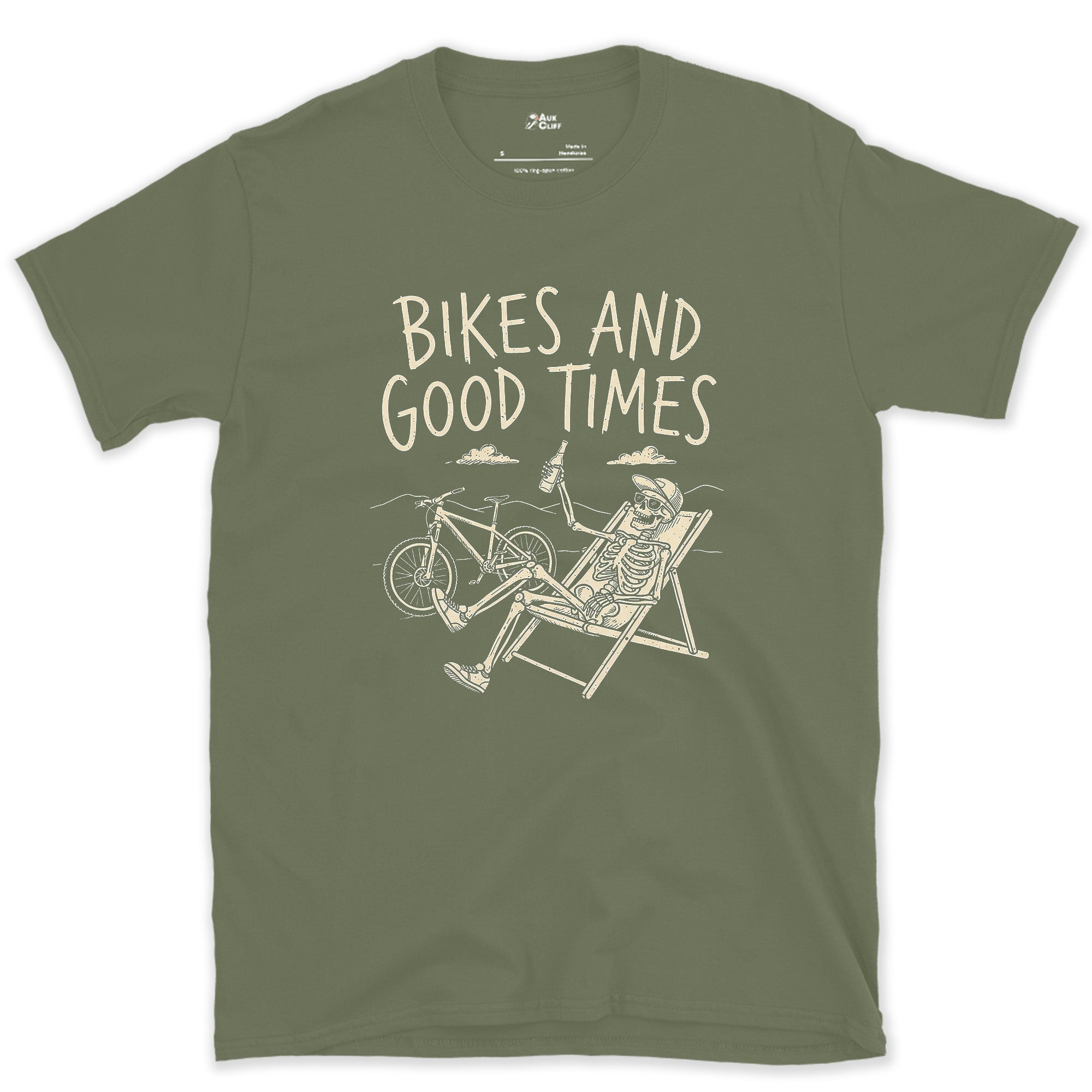 Bikes and Good Times, Skeleton in a Deckchair design on a Military Green Gildan Softstyle t-shirt