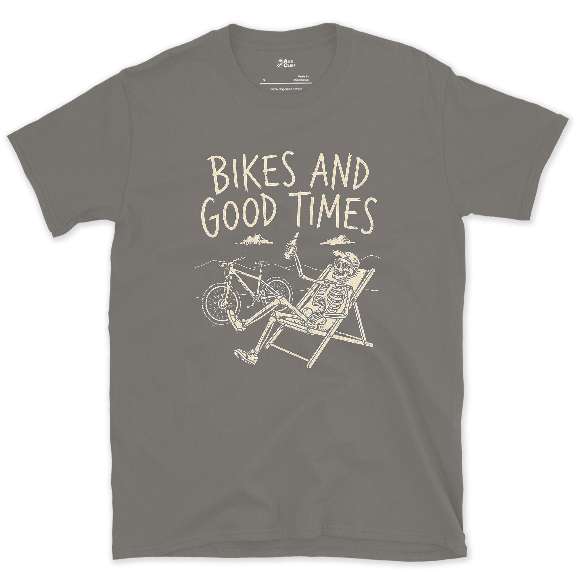 Bikes and Good Times, Skeleton in a Deckchair design on a Charcoal Gildan Softstyle t-shirt