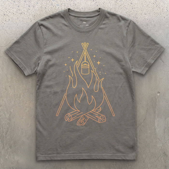 Camp Billy Can Coming to the Boil design on a Charcoal Gildan Softstyle t-shirt