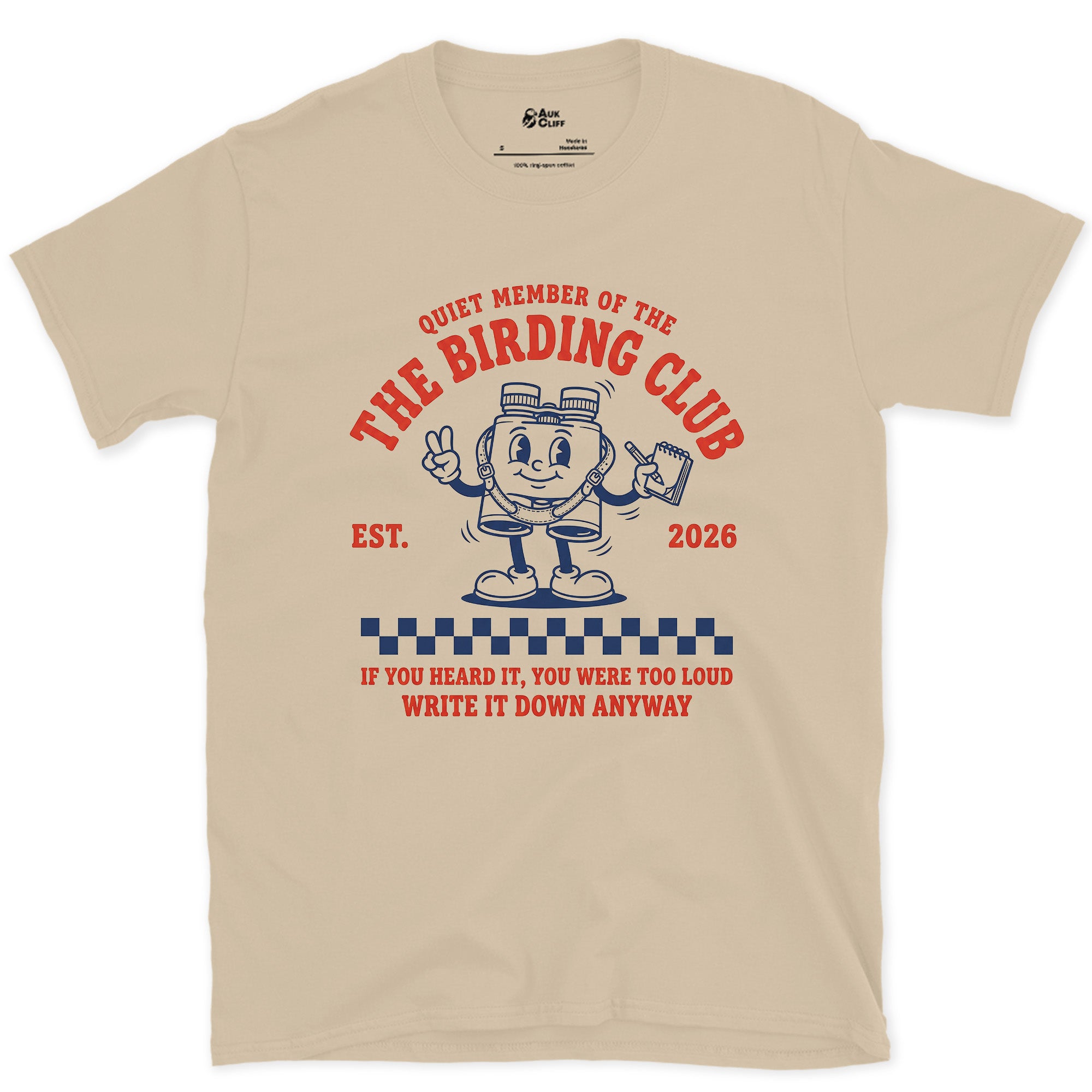 A Rubber Hose Mascot Watches the Birds design on a Sand Gildan Softstyle t-shirt