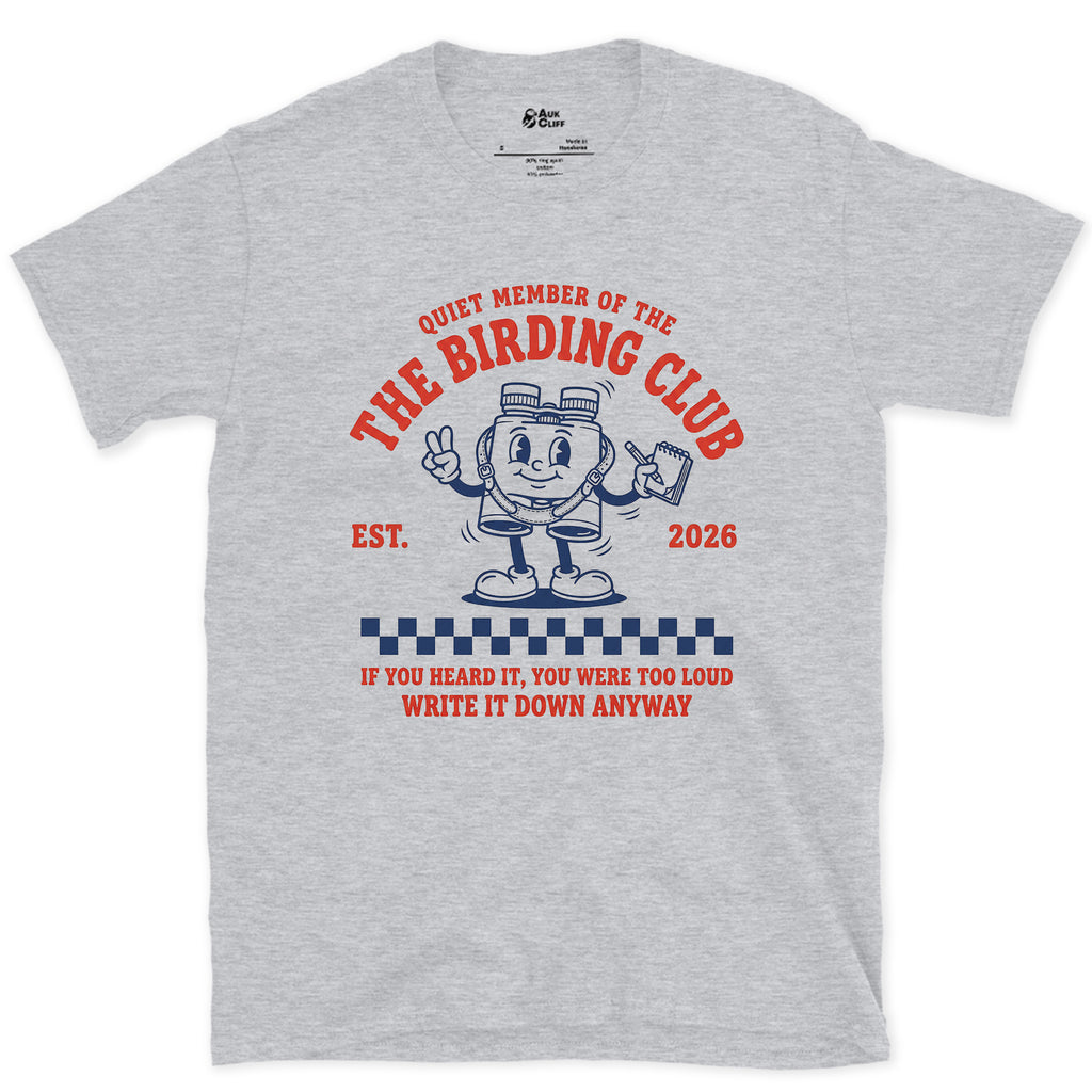 A Rubber Hose Mascot Watches the Birds design on a Sport Grey Gildan Softstyle t-shirt
