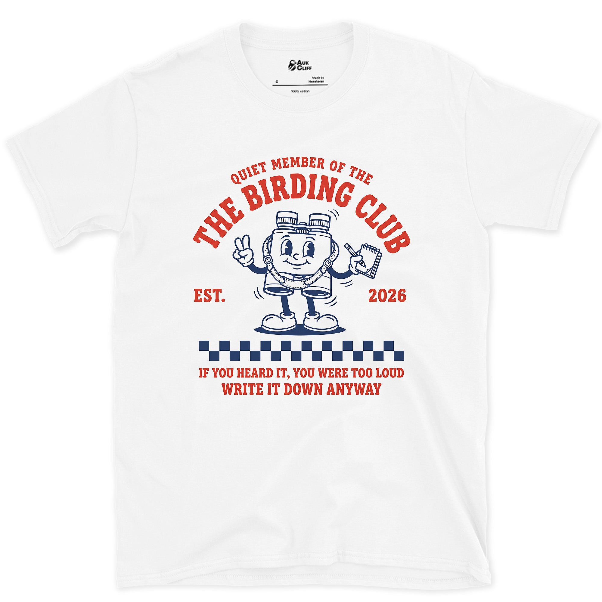 A Rubber Hose Mascot Watches the Birds design on a White Gildan Softstyle t-shirt
