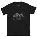 Binoculars Studied Down to Every Dial design on a Black Gildan Softstyle t-shirt