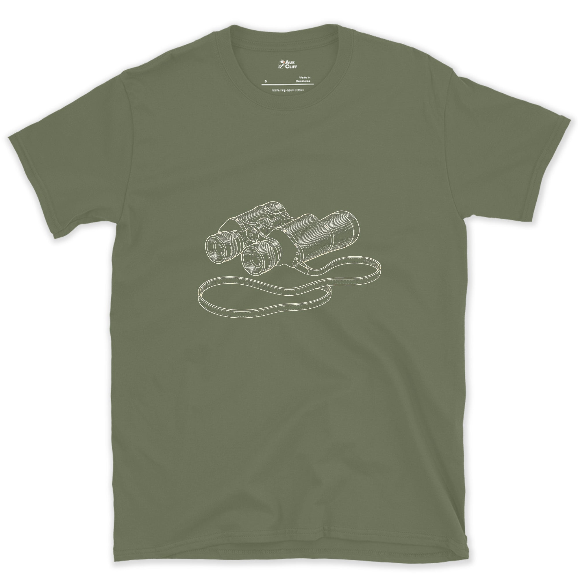 Binoculars Studied Down to Every Dial design on a Military Green Gildan Softstyle t-shirt