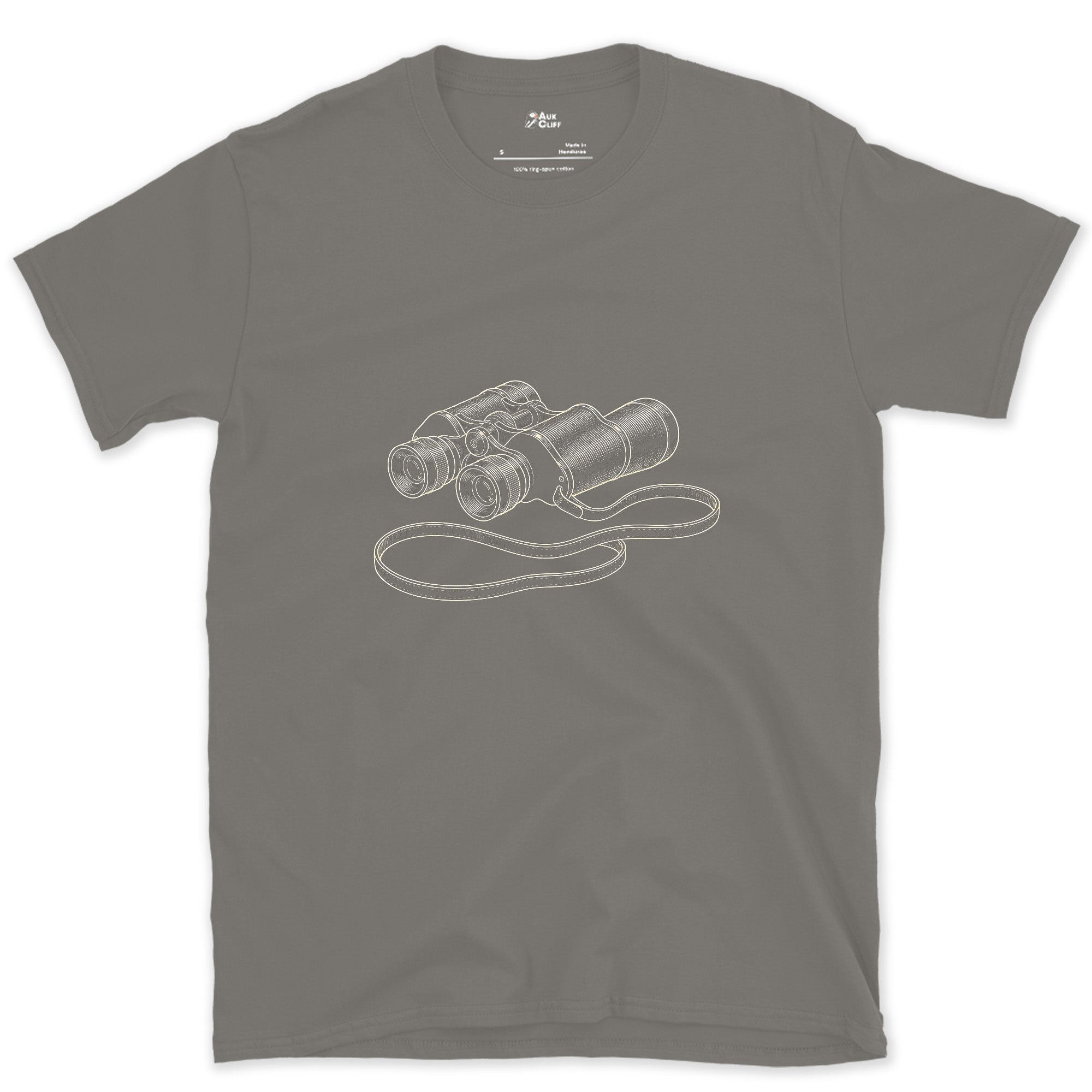Binoculars Studied Down to Every Dial design on a Charcoal Gildan Softstyle t-shirt