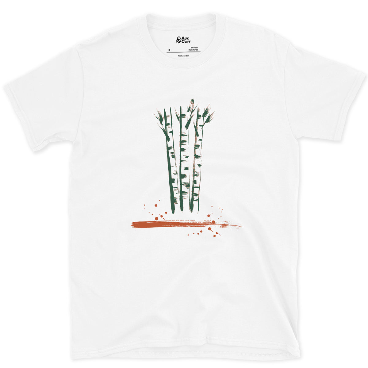 Birch, Straight and Bare design on a White Gildan Softstyle t-shirt