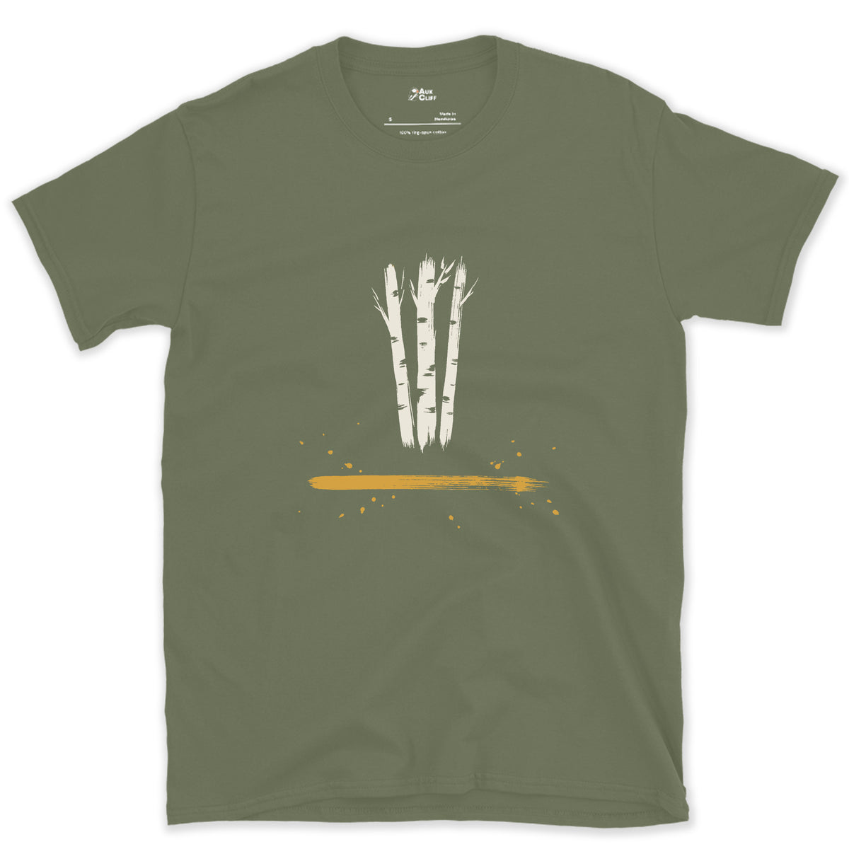 Birch, Straight and Bare design on a Military Green Gildan Softstyle t-shirt