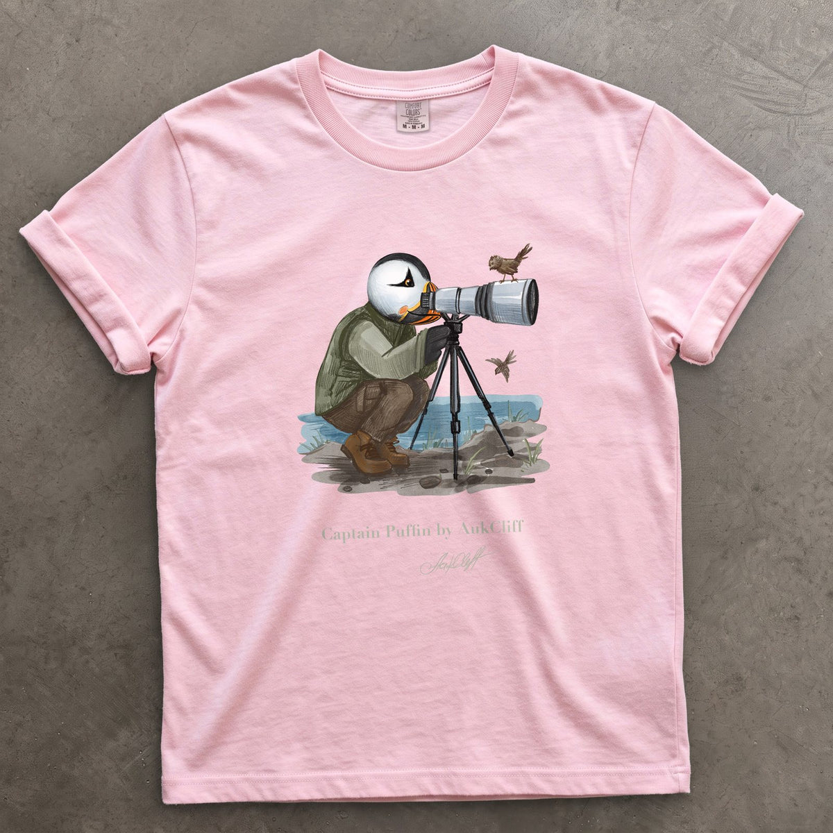 Captain Puffin Bird Photographer on a Blossom Comfort Colors t-shirt
