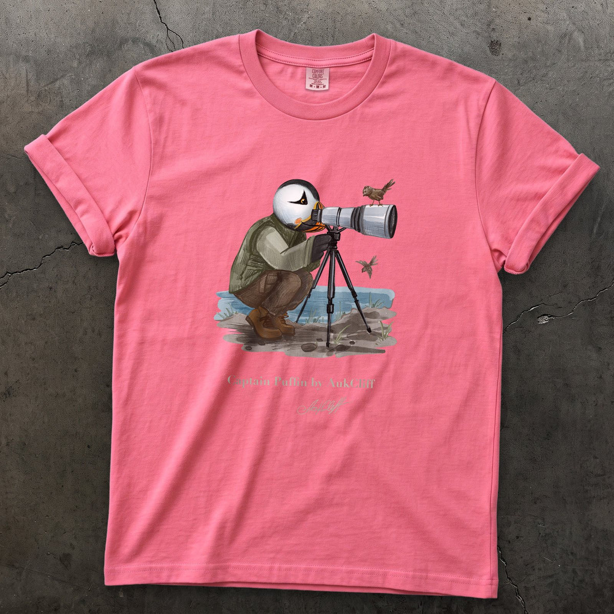 Captain Puffin Bird Photographer on a Crunchberry Comfort Colors t-shirt