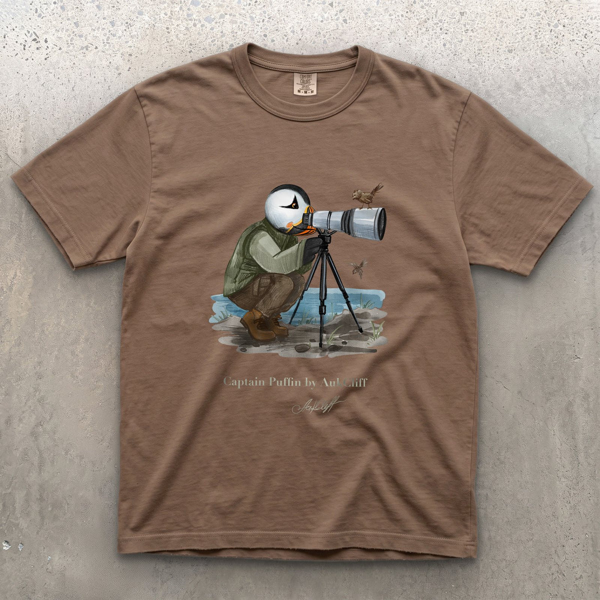 Captain Puffin Bird Photographer on a Espresso Comfort Colors t-shirt