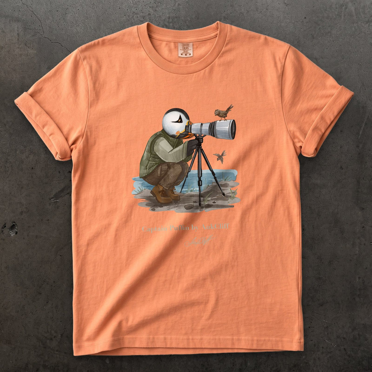 Captain Puffin Bird Photographer on a Terracotta Comfort Colors t-shirt