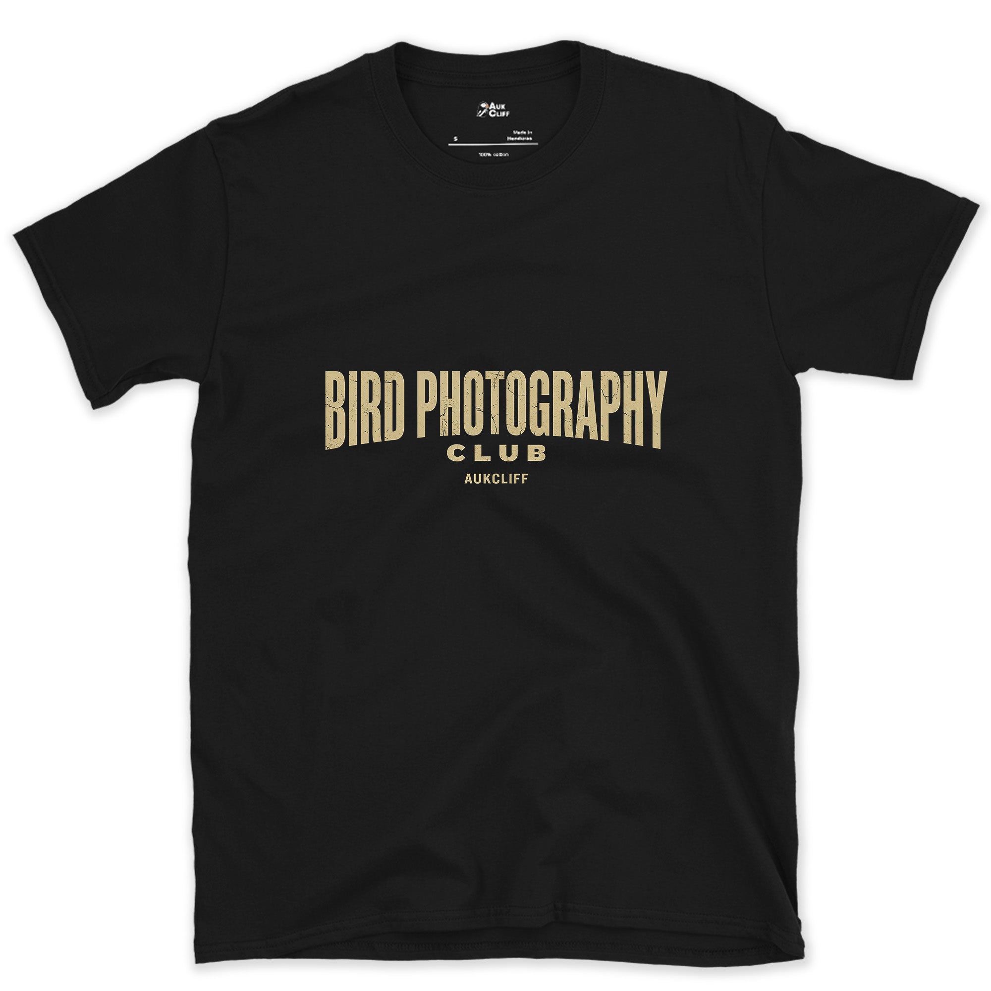 The Bird Photography Club Badge design on a Black Gildan Softstyle t-shirt