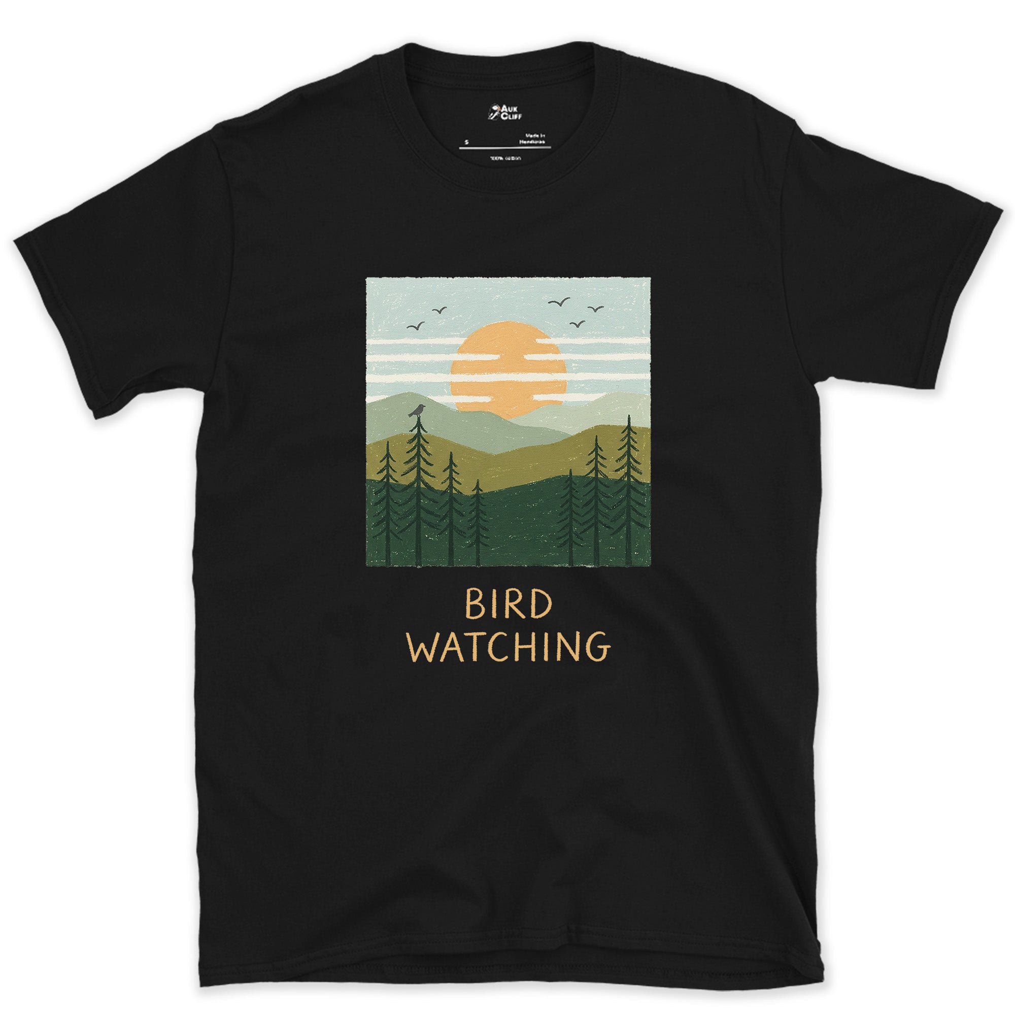 Bird Watching, Sun Over the Pines design on a Black Gildan Softstyle t-shirt