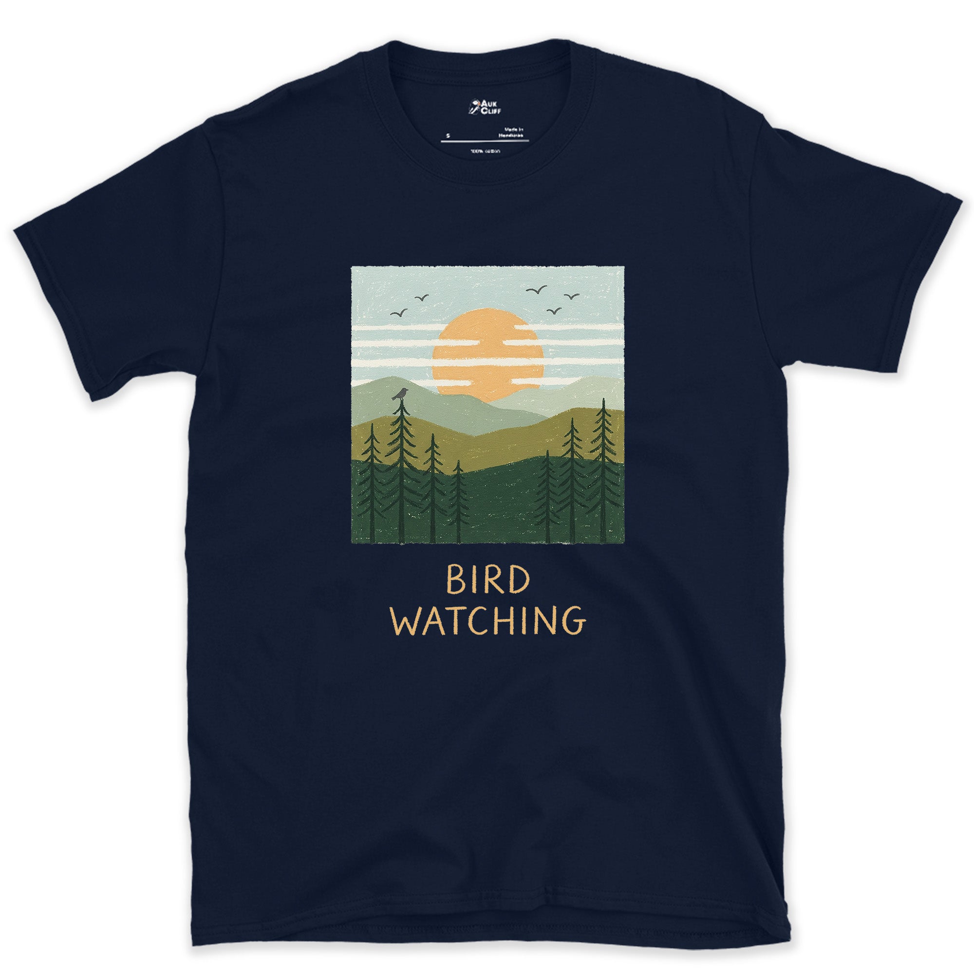 Bird Watching, Sun Over the Pines design on a Navy Gildan Softstyle t-shirt