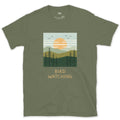 Bird Watching, Sun Over the Pines design on a Military Green Gildan Softstyle t-shirt
